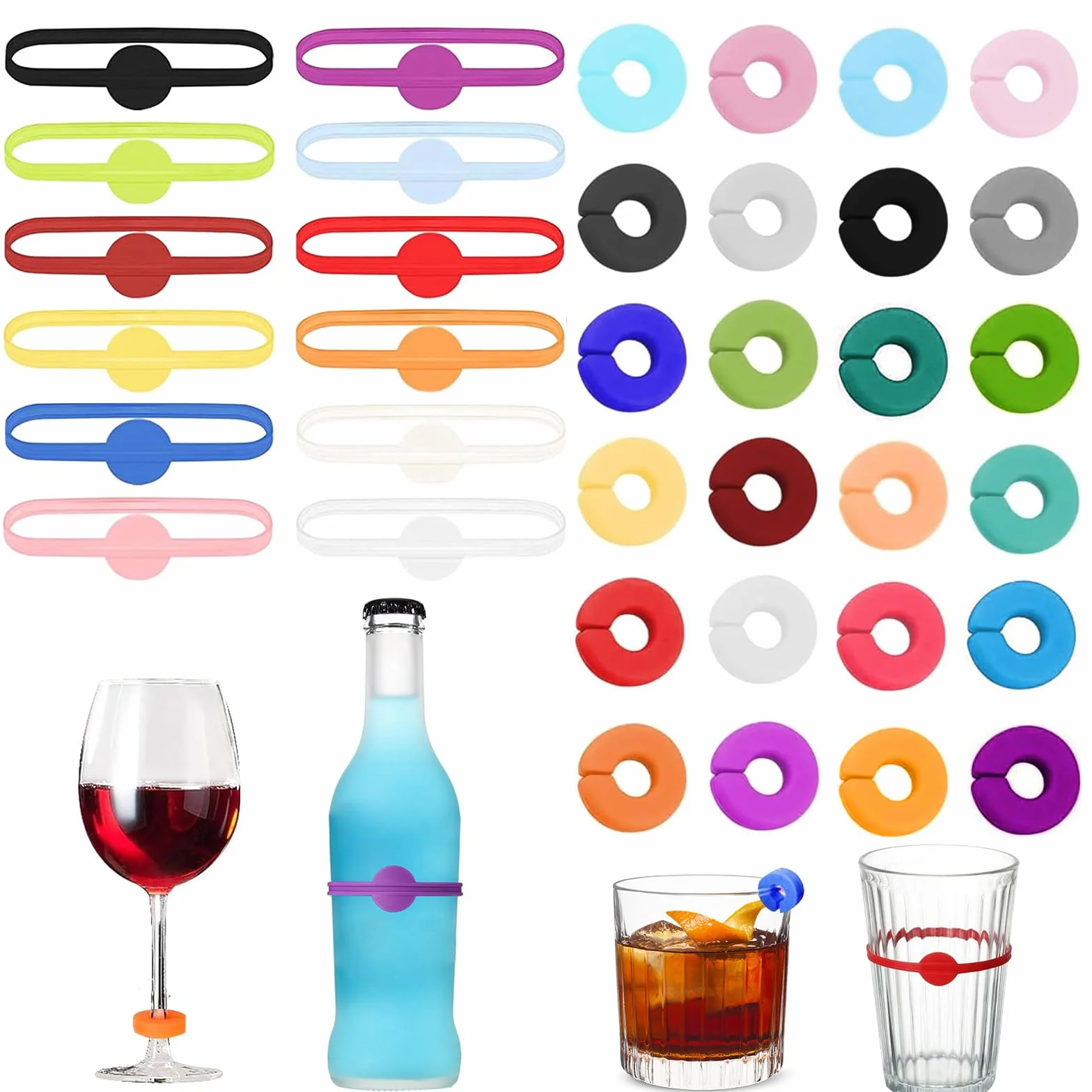 EQLEF Znak kieliszków, 24 szt. Szklanka do wina Charms 12 szt. Kubek Kolorowe Markery do napojów Silikonowe Szkło ID do domu Bar Party Koktajl Szampan Piwo, 3.4in, Silikon, Brak
