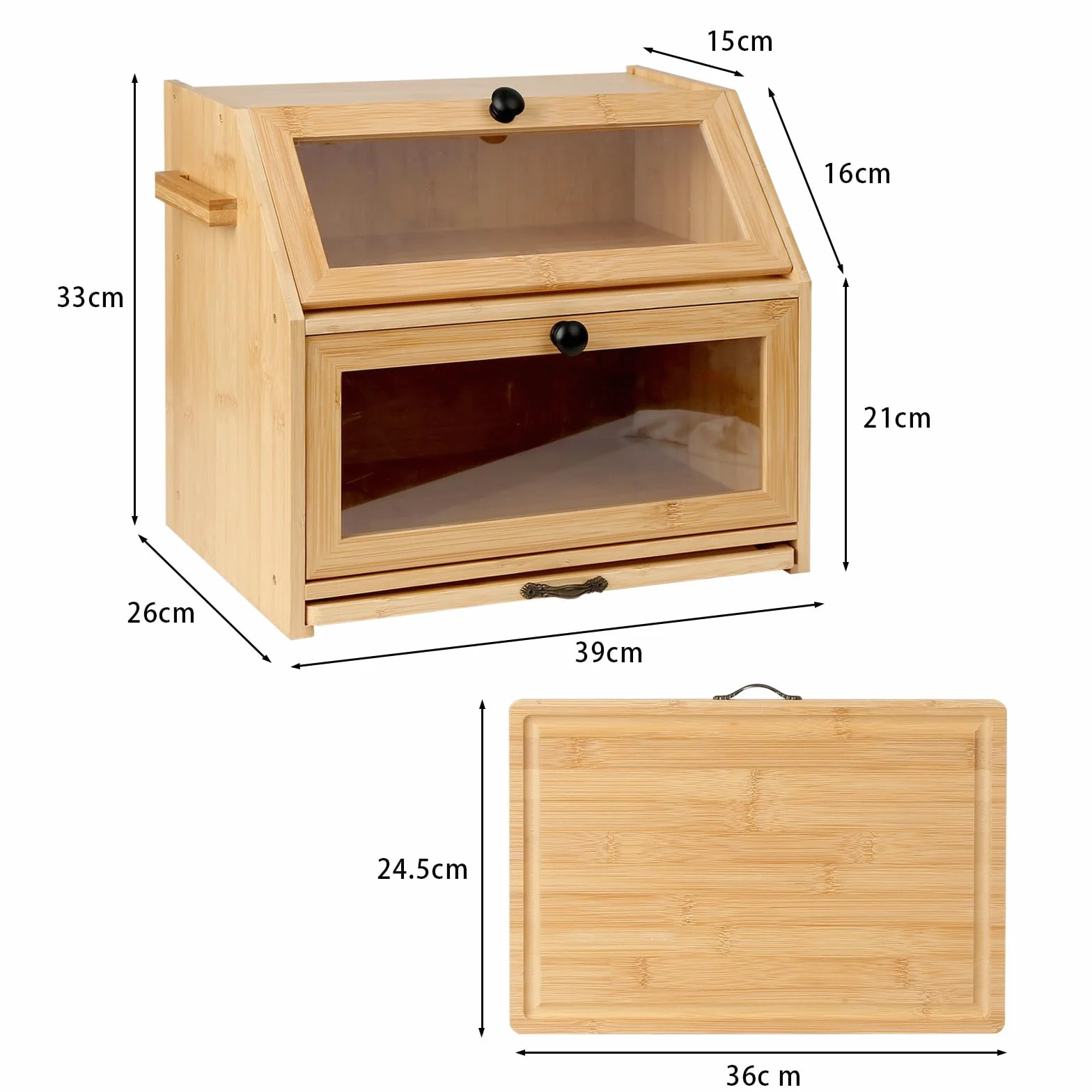 Bambusowy chlebak na chleb, 2 poziomy, organizer kuchenny, drewniany organizer z okienkiem i zamknięciem magnetycznym, pudełko do przechowywania, na tosty, 26 x 39 x 32,5 cm (kolor drewniany)