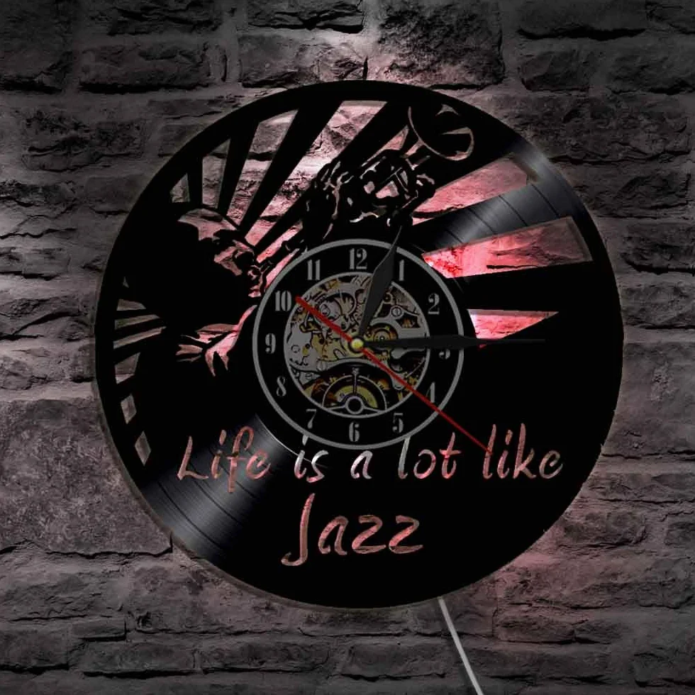 ELD Muzyka płyta winylowa zegar ścienny jazz dom sztuka dekoracyjna muzyka wycinana laserowo dekoracja ścienna wiszący zegarek cichy kwarcowy miłośnik muzyki prezent średnica 30 cm 7 zmienianych