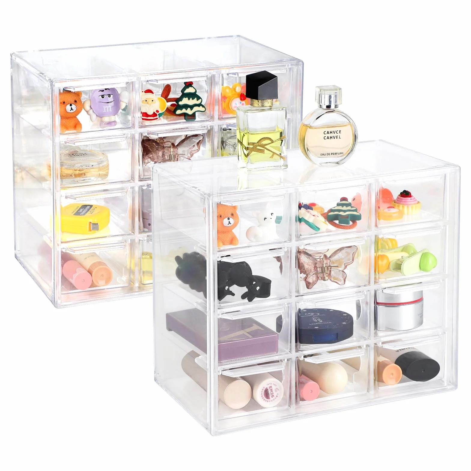 2 szt. Przezroczysty mini organizer szuflad małe szuflady do przechowywania do układania w stosy pudełko do przechowywania na biurko do makijażu, biżuteria, materiały biurowe i rzemieślnicze