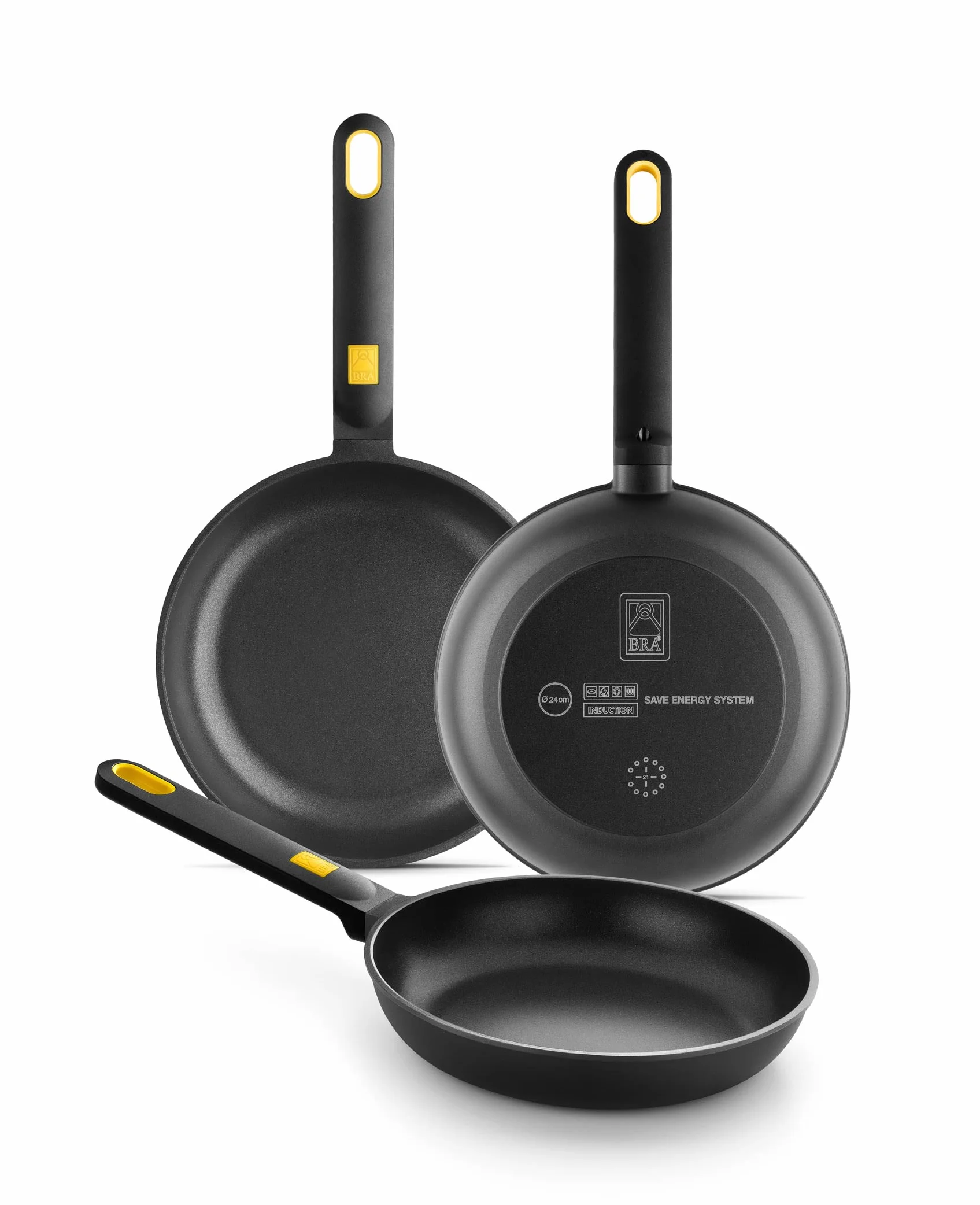BRA Daily Pro - zestaw 3 patelni odlewu aluminiowego 20-24-28 cm, trójwarstwowa nieprzywierająca bez PFOA, nadają się do wszystkich rodzajów kuchenek i indukcyjnych, kolor czarno-żółty