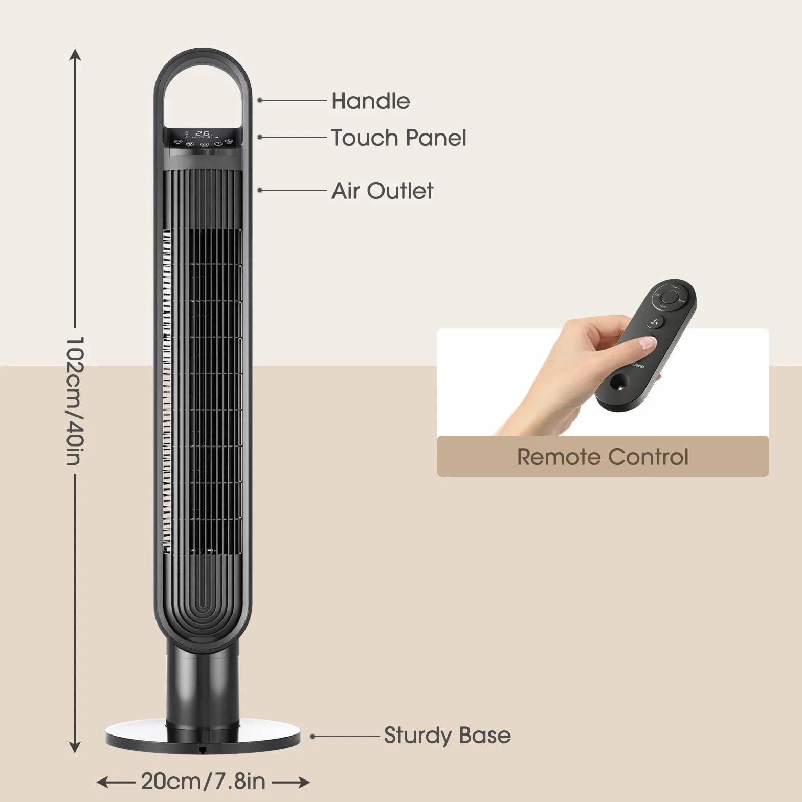 Wentylator wieżowy, 102 cm wysokości 3 tryby 3 prędkości 1-12H timer 70° oscylacyjny wentylator stojący z pilotem zdalnego sterowania do sypialni, formowany wtryskowo błyszczący materiał, czarny