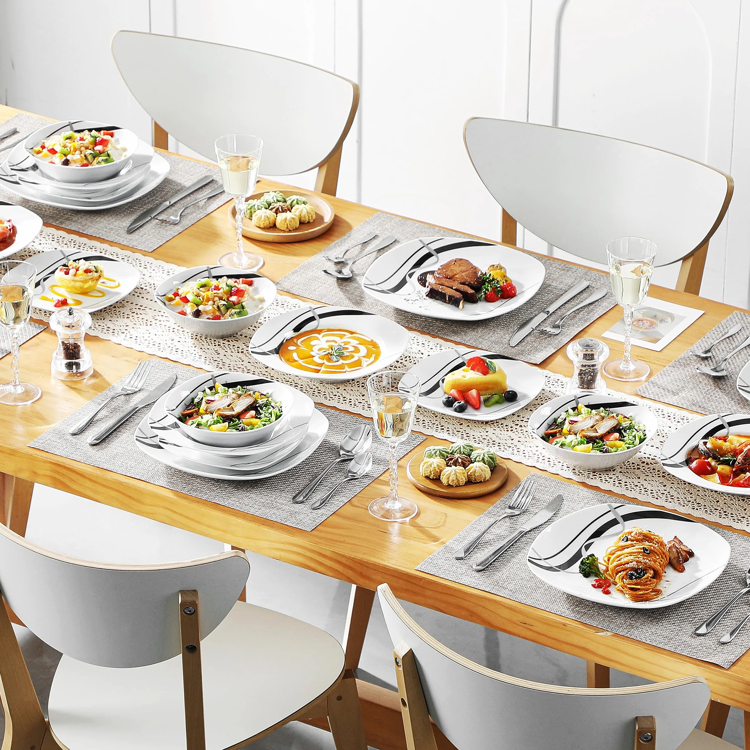 VEWEET „Fiona” 60-częściowy porcelanowy serwis stołowy kombi, filiżanki do kawy o pojemności 175 ml, spodki, talerze deserowe, talerze obiadowe i talerze do zupy, pełny serwis dla 12 osób