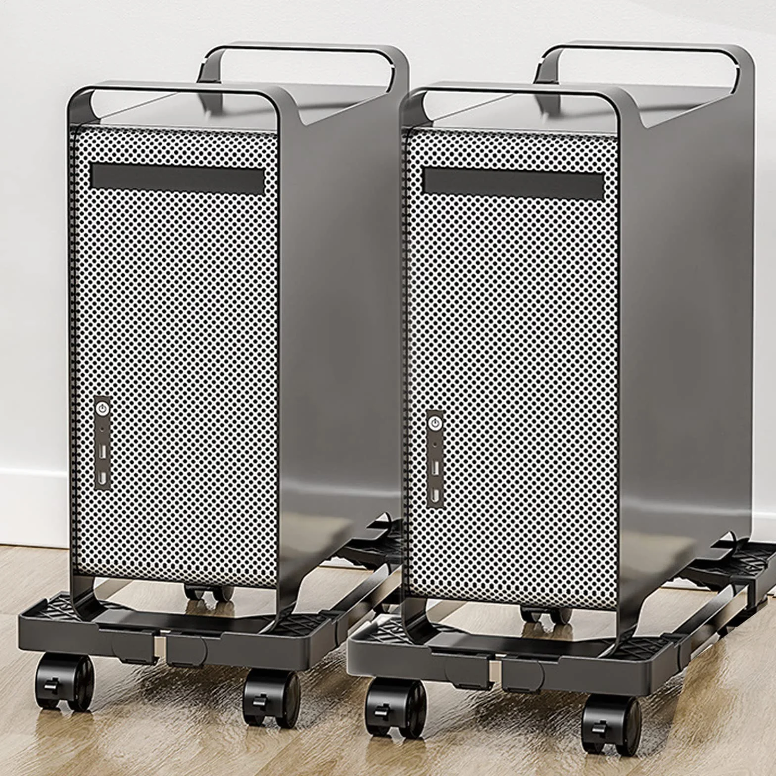 GOMETY Mobilny stojak na komputer stacjonarny, stojak na procesor ze stali nierdzewnej, regulowana długość, szerokość, uniwersalny stojak na komputer stacjonarny z 4 kółkami, regulowane kółka do