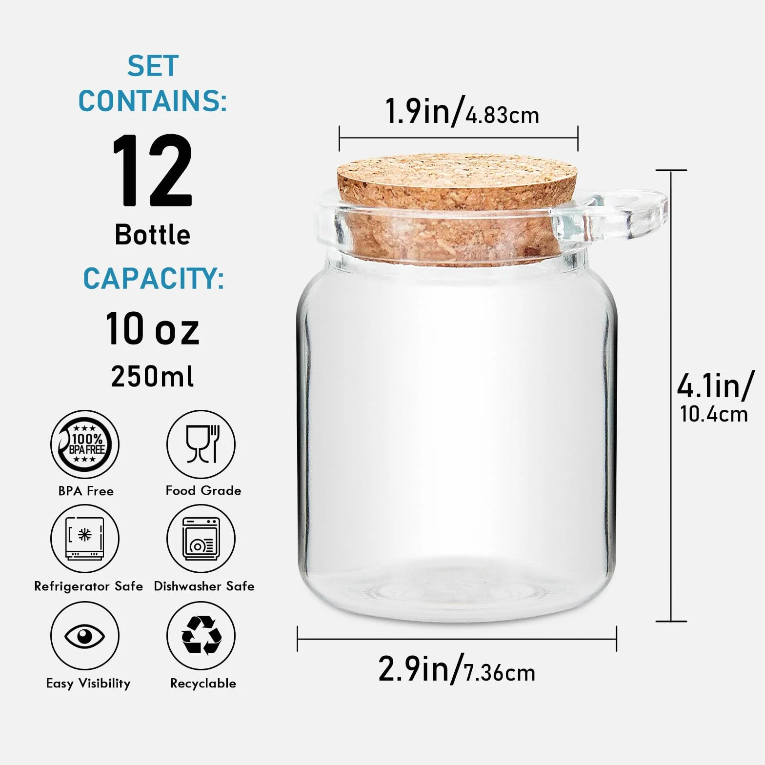YEBODA Małe szklane słoiki do przechowywania 295 ml z pokrywkami korkowymi i łyżkami pojemniki na jogurt do spiżarni, łazienki, przypraw, miodu, musu, słodyczy, produkcji świec, DIY i sztuki, zestaw