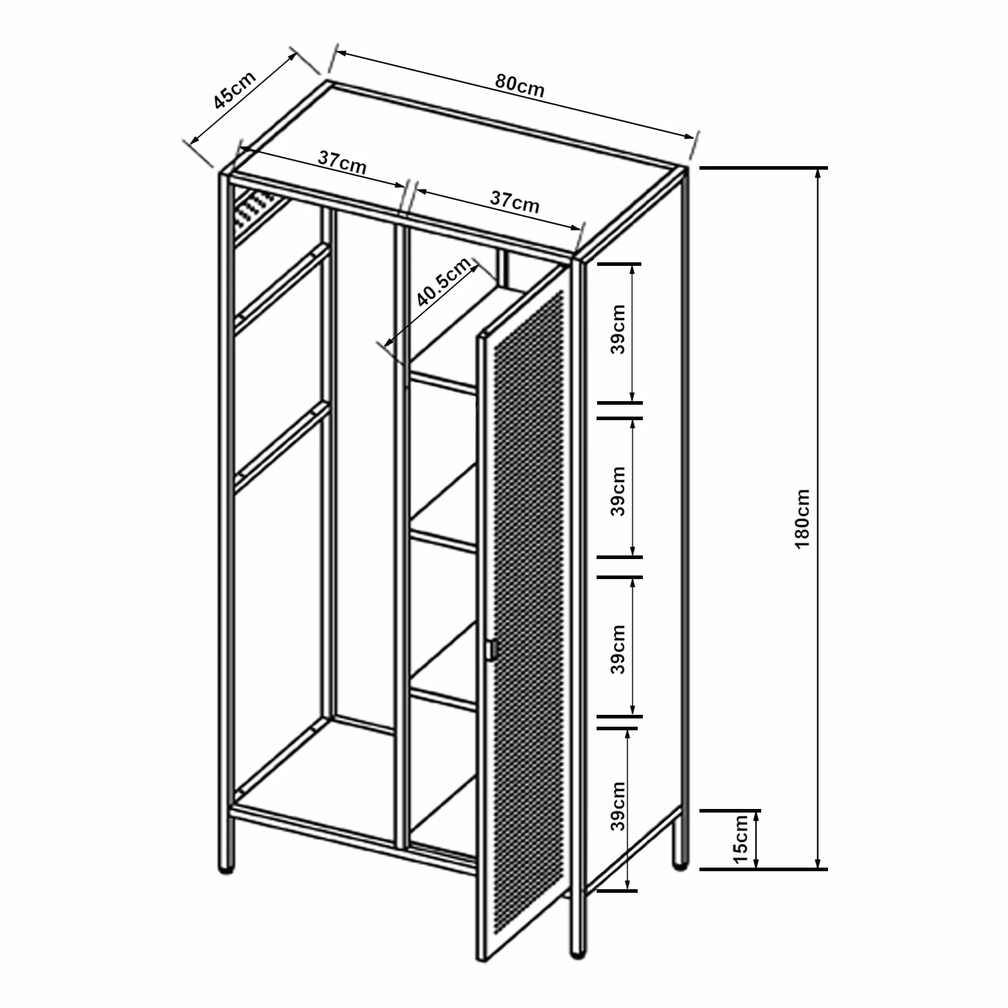 [en.casa] Szafa na ubrania Puumala 180 x 80 x 45 cm, szafa do sypialni, metalowa szafka z 4 półkami i 1 drążkiem na ubrania, metalowa, czarna