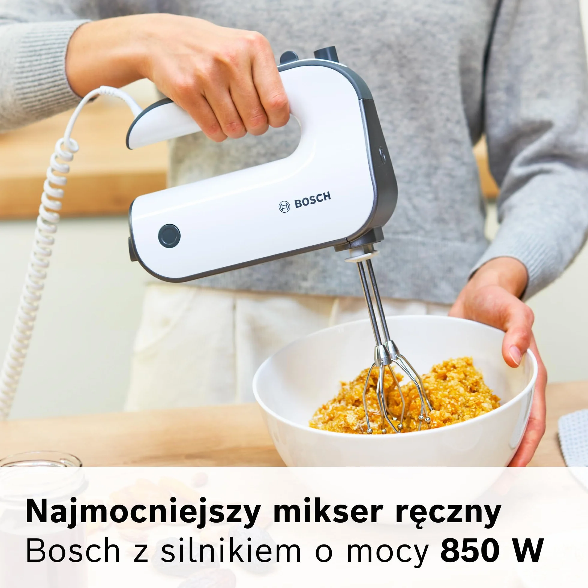 Bosch Styline, mikser ręczny, 850 W, mieszadła FineCreamer, haki do zagniatania ciasta, metalowa stopa do blendowania, pojemnik do miksowania z miarką, MFQ49700, biały