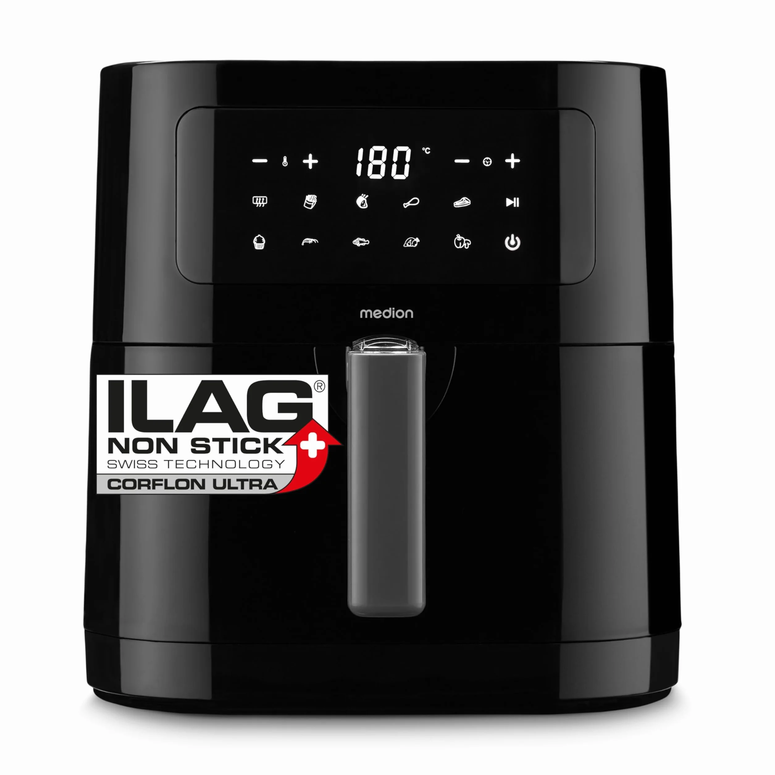 MEDION Frytkownica na gorące powietrze E40 XL (kosz XXL 5,3 l, 2150 W, 9 automatycznych programów, funkcja gotowania, smażenie bez oleju, dotykowy panel sterowania, wyświetlacz LED), kolor czarny