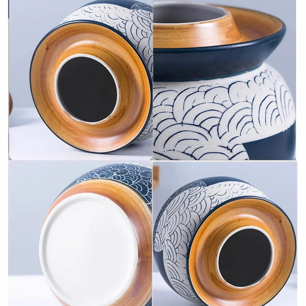 Duży ceramiczny słoik na marynaty z pokrywkami, niebieski tradycyjny porcelanowy słoik do marynowania, ceramiczny garnek fermentacyjny z uszczelką wodną pokrywką śluzy powietrznej, garnek z