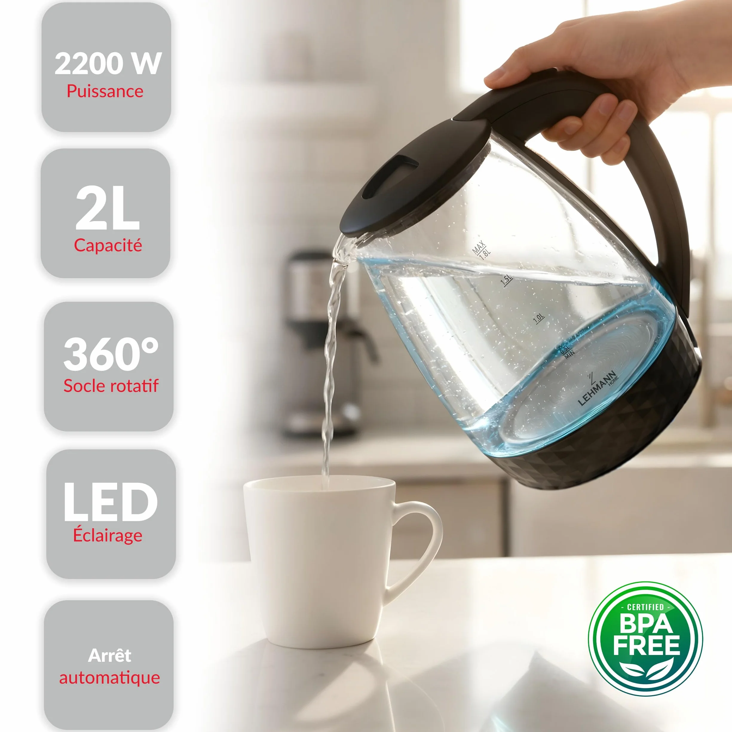 Lehmann LHOEK-2220C Czajnik elektryczny szklany 2l, czajnik elektryczny z podświetlanym zbiornikiem o mocy 2200W, bezprzewodowy ze zdobioną podstawą