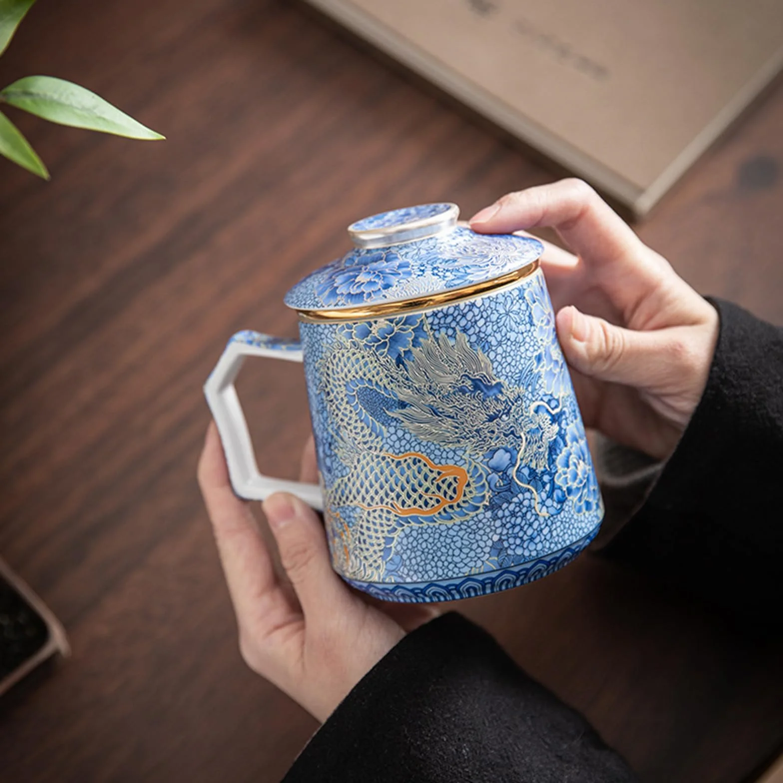 fanquare Chiński smok, filiżanki do herbaty, niebieska, porcelana, filiżanka do herbaty z zaparzaczem i pokrywką, duży kubek do herbaty, tradycyjny ceramiczny kubek do kawy z uchwytem, na prezent i do