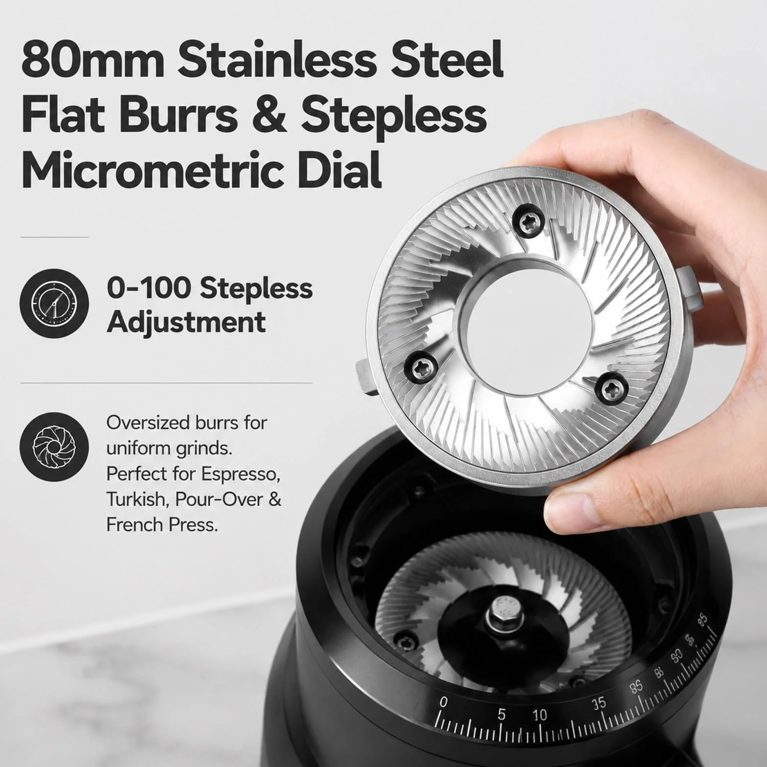 Single dose młynek burr elektryczny espresso – 80mm płaskie żarna, mikroregulacja, niska retencja, trwały, pro, dom & studio Silver