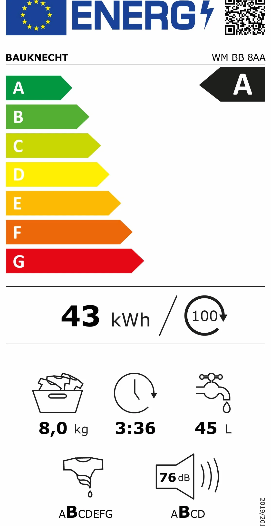 Bauknecht WM BB 8AA pralka ładowana od przodu/8 kg/klasa efektywności energetycznej A/Active Care Color+/silne usuwanie plam/programy parowe/higiena Steam z antywirusem/funkcja odświeżania