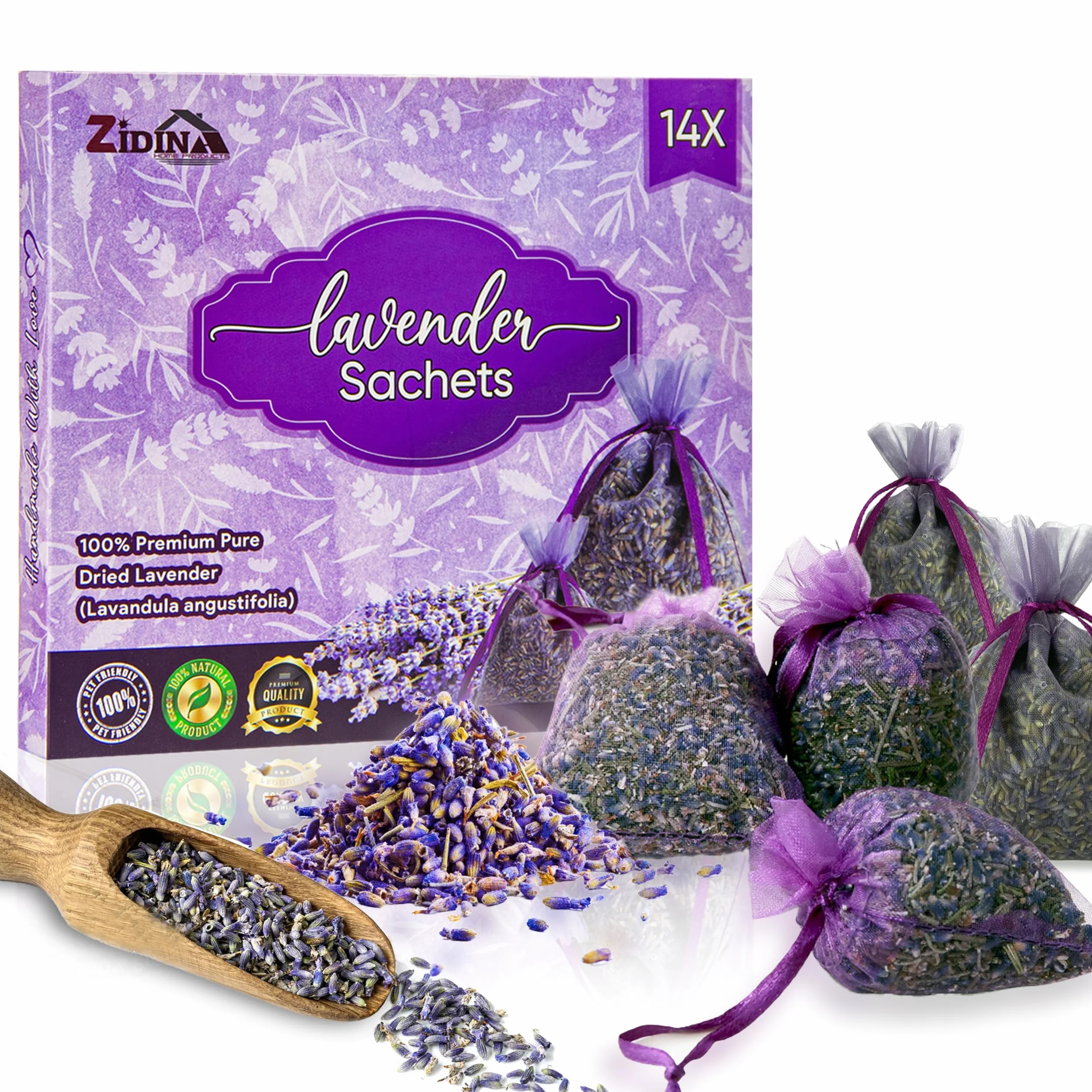 14 Szt. Lawendowe Saszetki Zapachowe - Naturalna Lawenda, Odświeżacz do Szafy, Szuflad, Pokoju, Torebki | Aromatyczne Woreczki na Mole, Relaks i Odświeżenie
