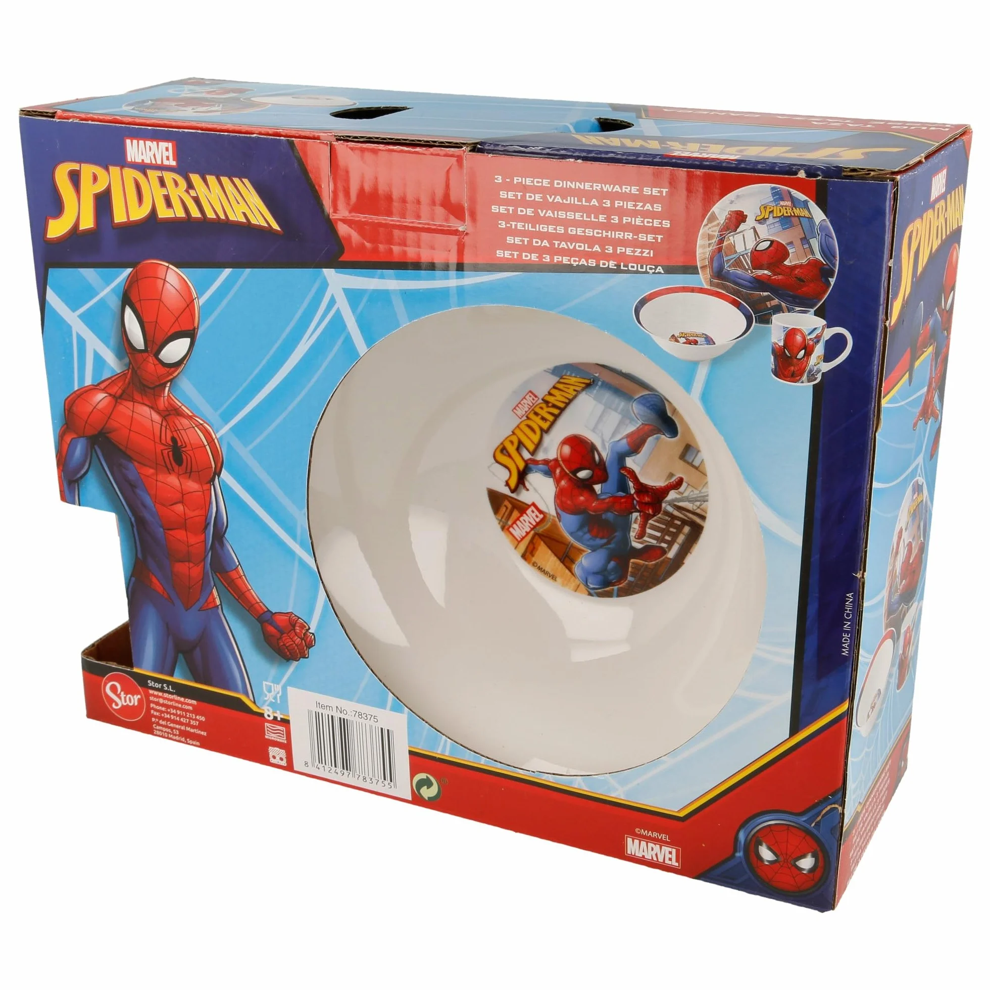 Zestaw do naczyń Stor z melaminy w otwartych opakowaniach prezentowych, 3-częściowy, miska, talerz, taza, Spiderman Streets