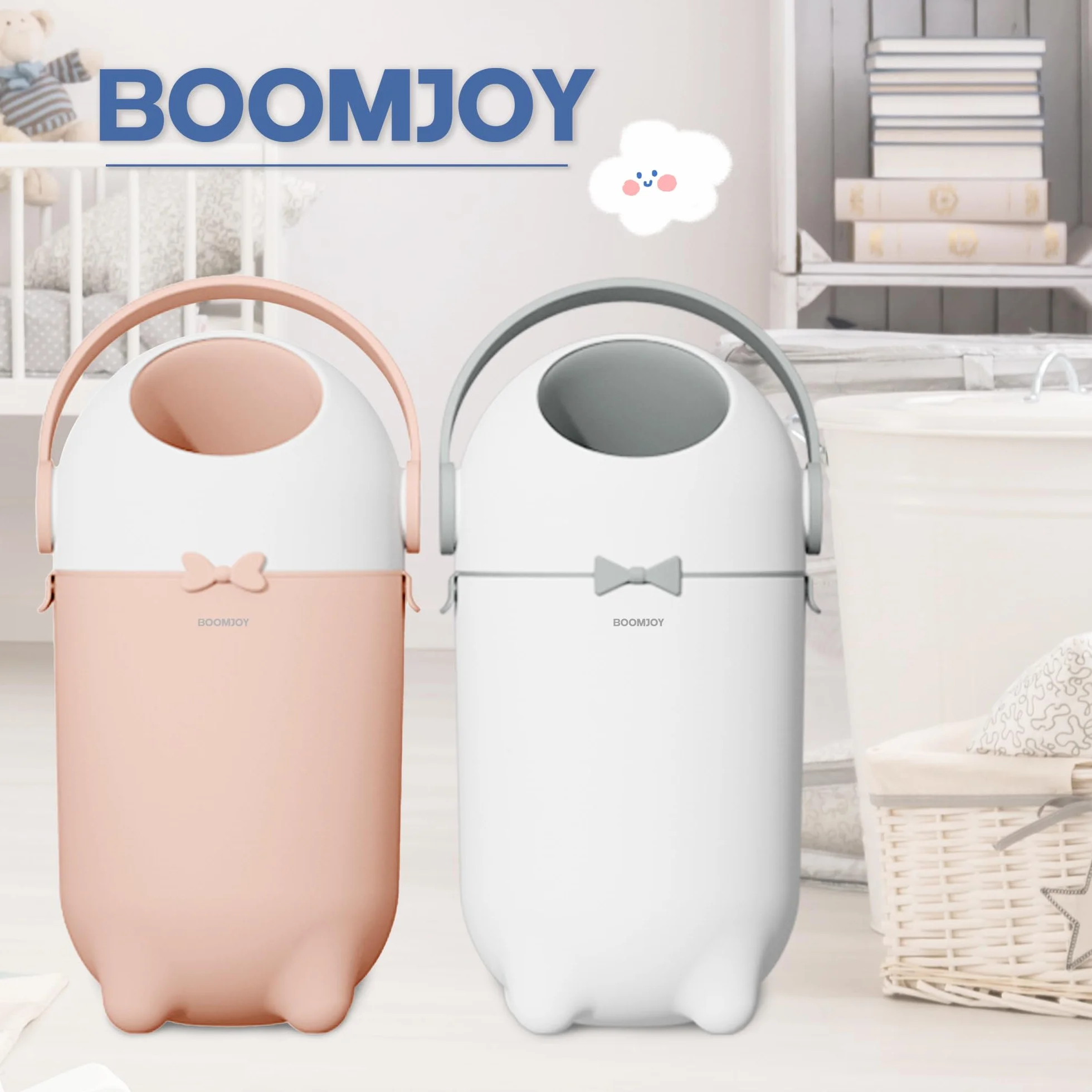 BOOMJOY Kosz na pieluchy dla niemowląt, tworzywo sztuczne, bezzapachowy, bez kosztów uzupełnienia, normalne worki, biały
