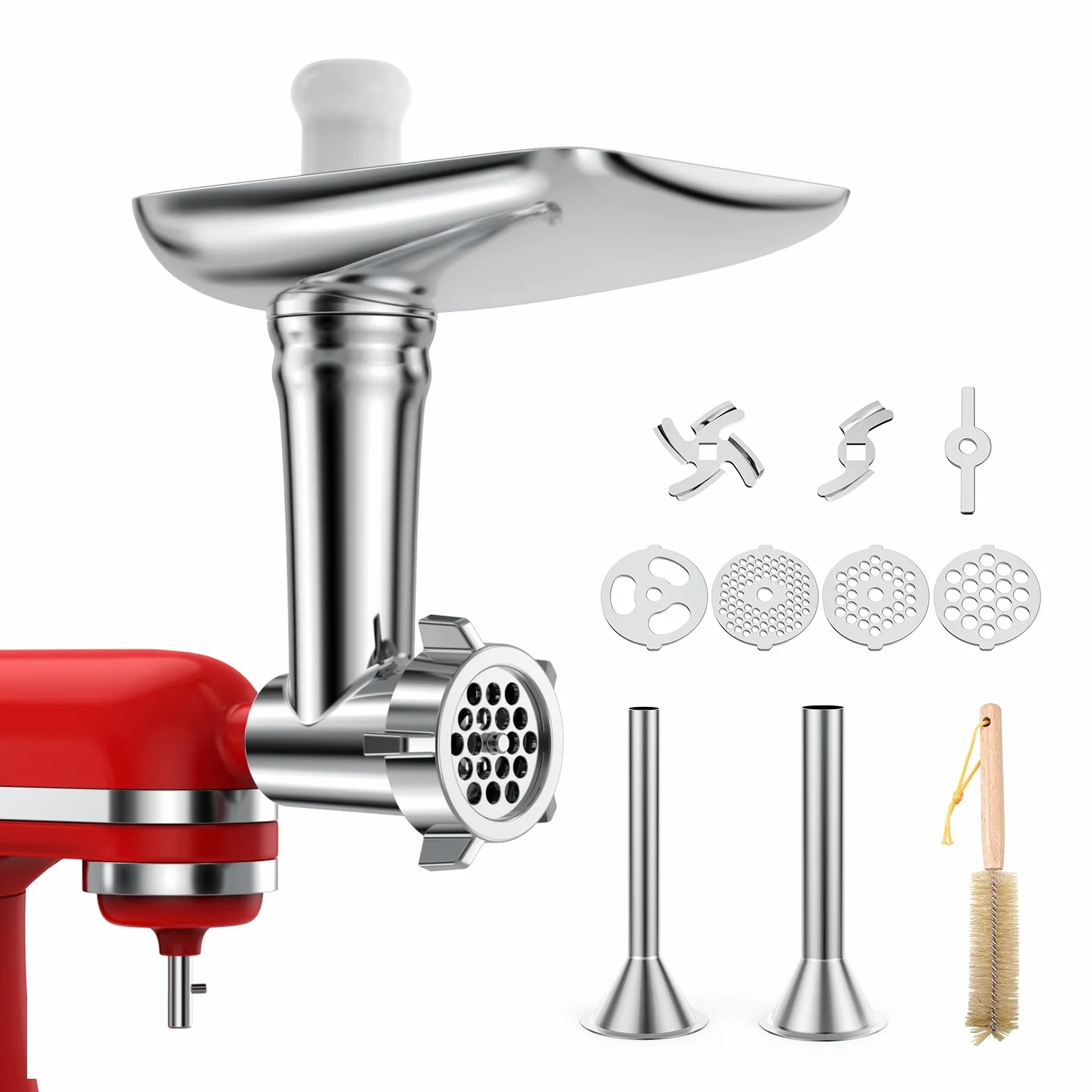Młynek do Mięsa Mocująca do KitchenAid Miksera Stojącego - Przystawka do Maszynki do Mielenia Zywności z 4 Płytami Mielącymi, 2 Rurki do Nadziewania Kiełbasy, 2 Ostrzami Mielącymi firmy MMOBIEL