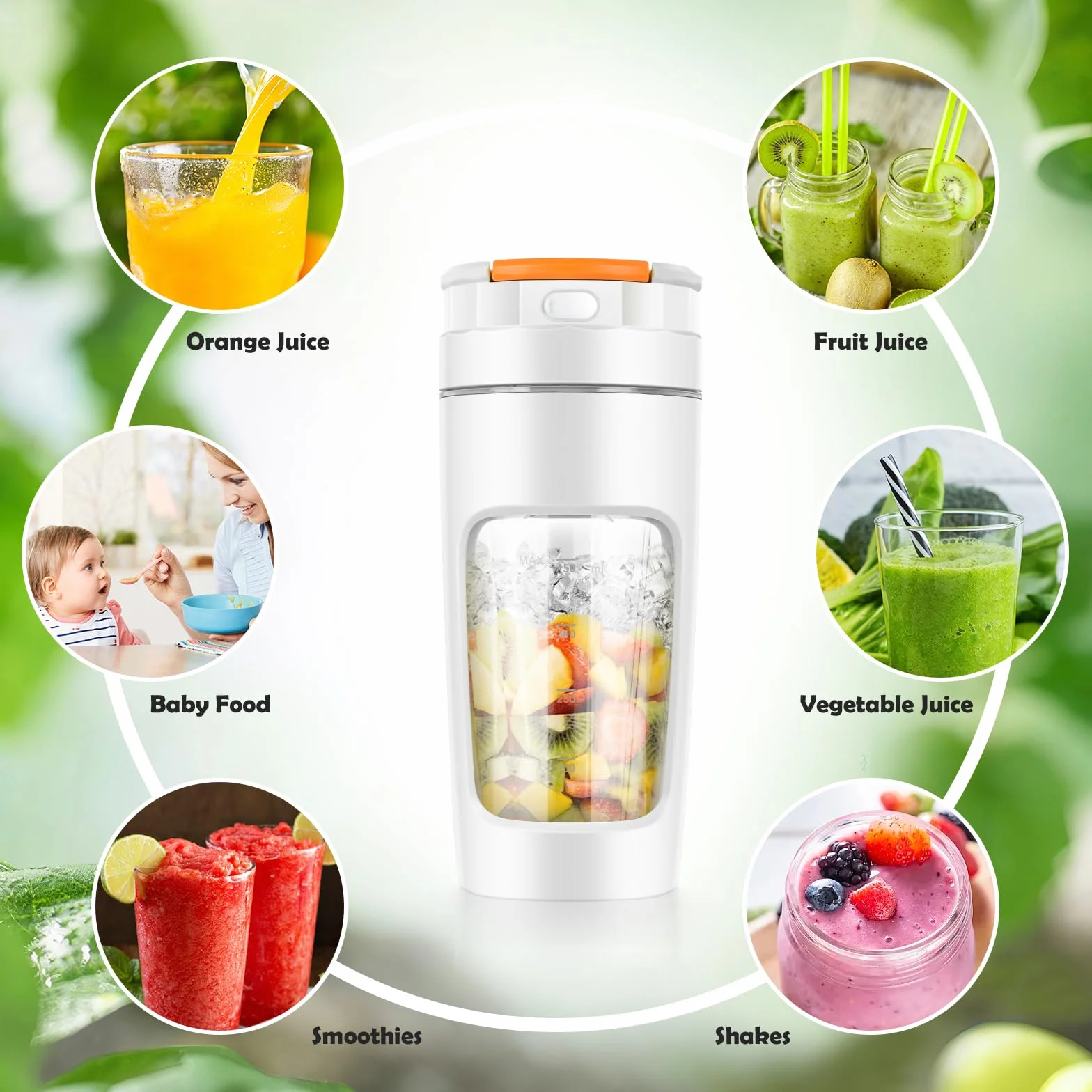 Lekki Przenośny Blender, ręczny mikser do owoców o pojemności 600 ml, mocny bezprzewodowy mini blender, z możliwością ładowania, smoothie, koktajle białkowe, kruszy lód i mrożone owoce (Biały)