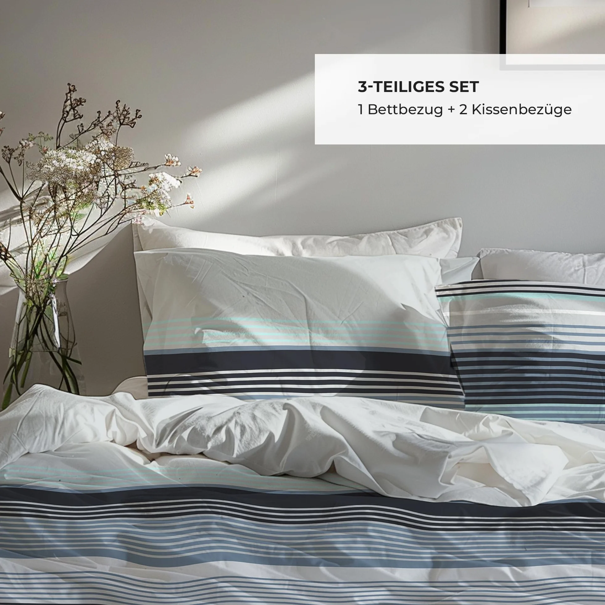Pościel premium 200 x 200 – 100% bawełna, certyfikat Öko-Tex, Renforcé oddychająca, antyalergiczna, z zamkiem błyskawicznym, 3-częściowa poszwa na kołdrę + 2 x poszewka na poduszkę 80 x 80 cm
