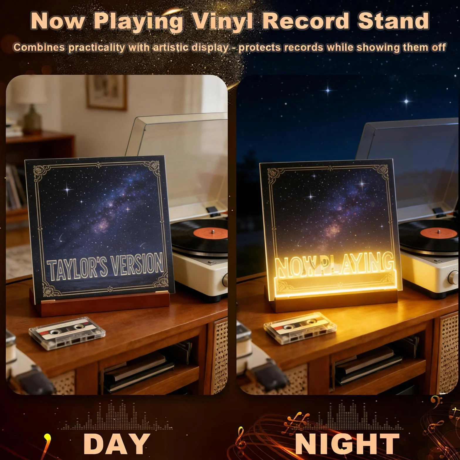 Now Playing stojak na płyty winylowe, drewniany, akrylowy uchwyt z ciepłymi białymi światłami, podświetl regał na płyty gramofonowe, teraz Playing Vinyl Record Stand do winylowych albumów i