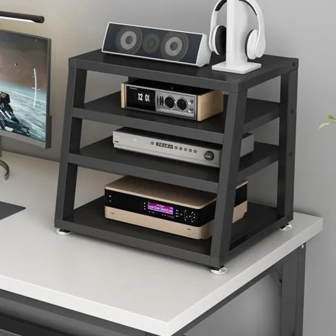 4-poziomowy stojak na multimedia, wielofunkcyjny stojak na audio/wideo z drewnianymi półkami, na projektor, konsole do gier i sprzęt stereo, elegancka, otwarta szafka do przechowywania, 40 x 35 x 48