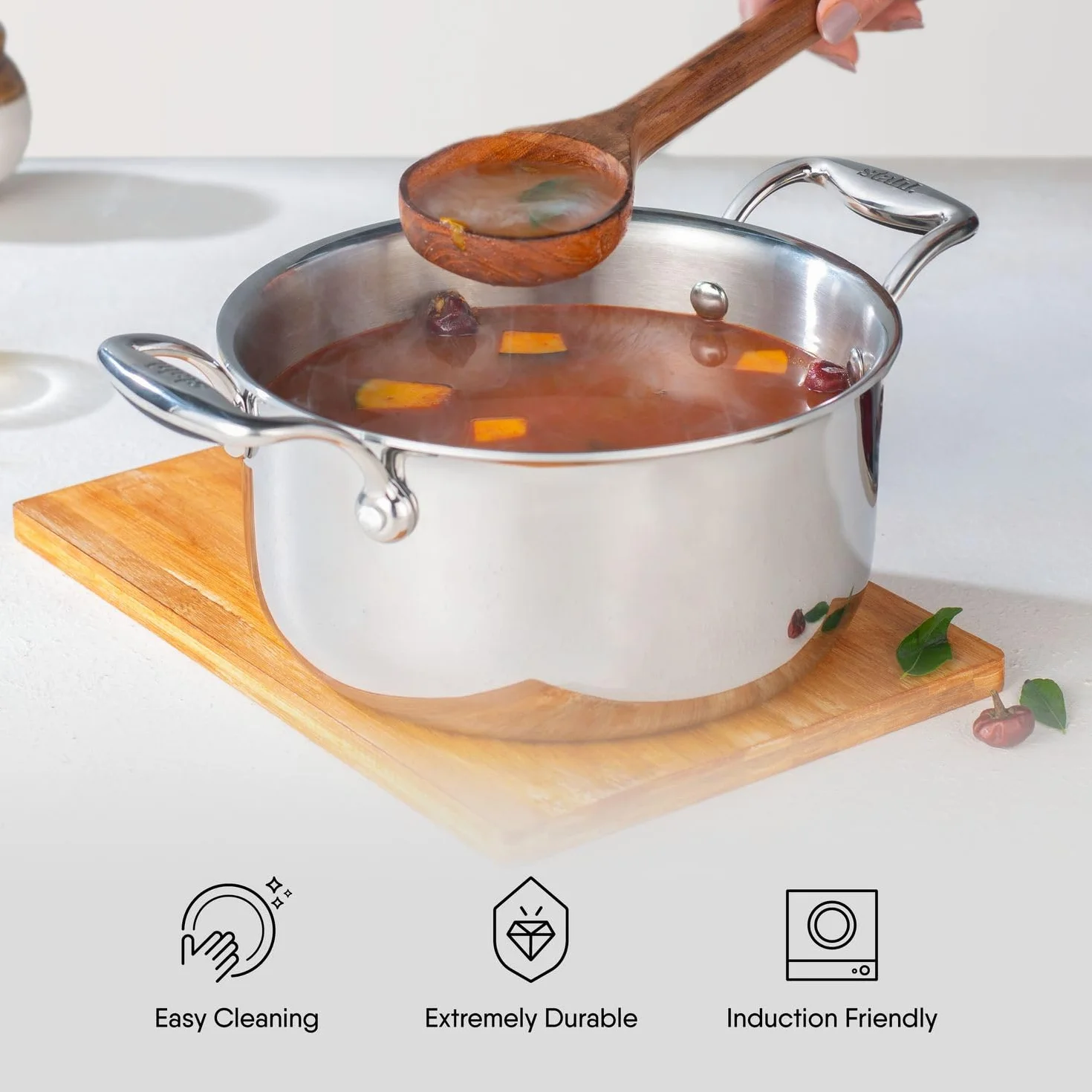 Stahl Triply garnek na sos ze stali nierdzewnej z pokrywką, garnek ze stali nierdzewnej, trójwarstwowy garnek Biryani z podstawą indukcyjną, Artisan 4118, średnica 18 cm, 2 l (dla 3 osób)