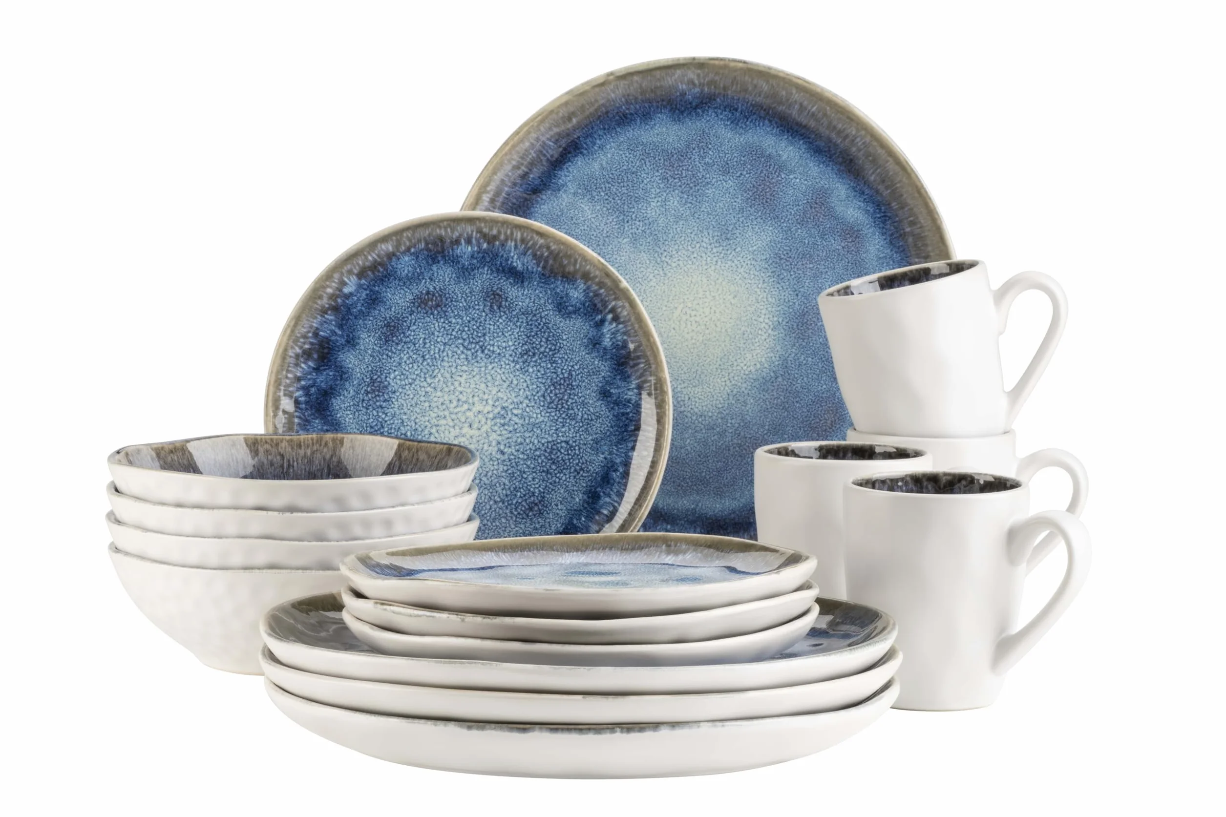 MÄSER 934092 seria Frozen, zestaw naczyń z ceramiki dla 4 osób, 16-częściowy serwis kombi w organicznych kształtach, niebieski cętkowany serwis, kamionka, ciemnoniebieski