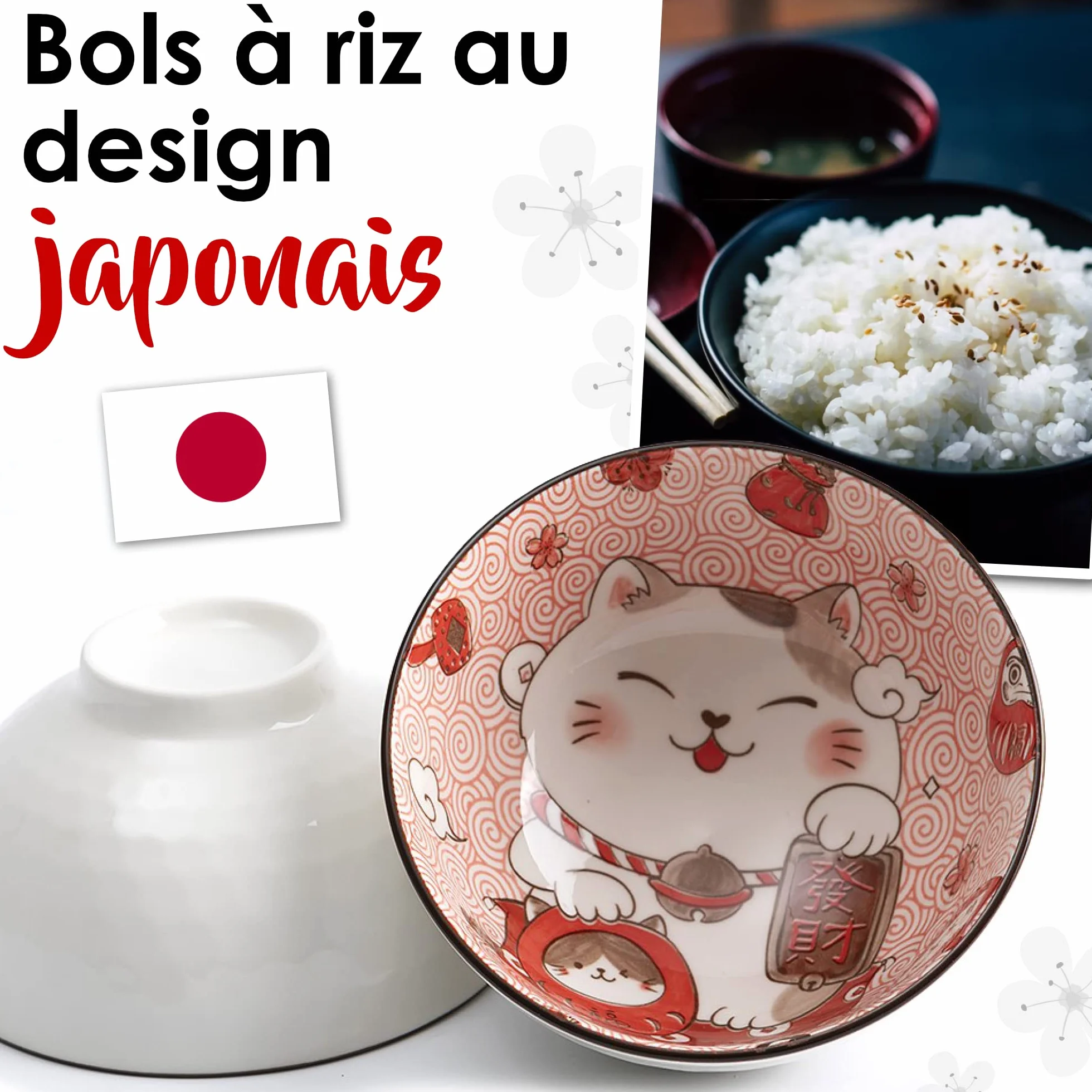 Lachineuse - 2 miski Maneki Neko - Pudełko Miseczek na ryż, śniadanie i zupę - Japońska zastawa stołowa z porcelany - z pałeczkami - kot szczęśliwy - japoński prezent - Kawaii Japan Deco