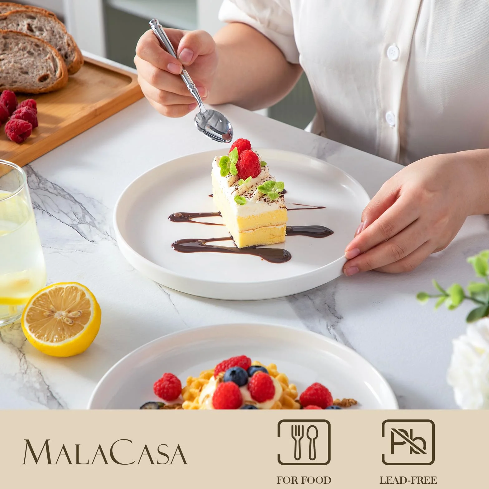 MALACASA Talerze deserowe dla 6 osób, Ø 21 cm, zestaw małych talerzy z porcelany, talerze śniadaniowe z krawędzią, białe, nadają się do mycia w zmywarce, seria LEAH