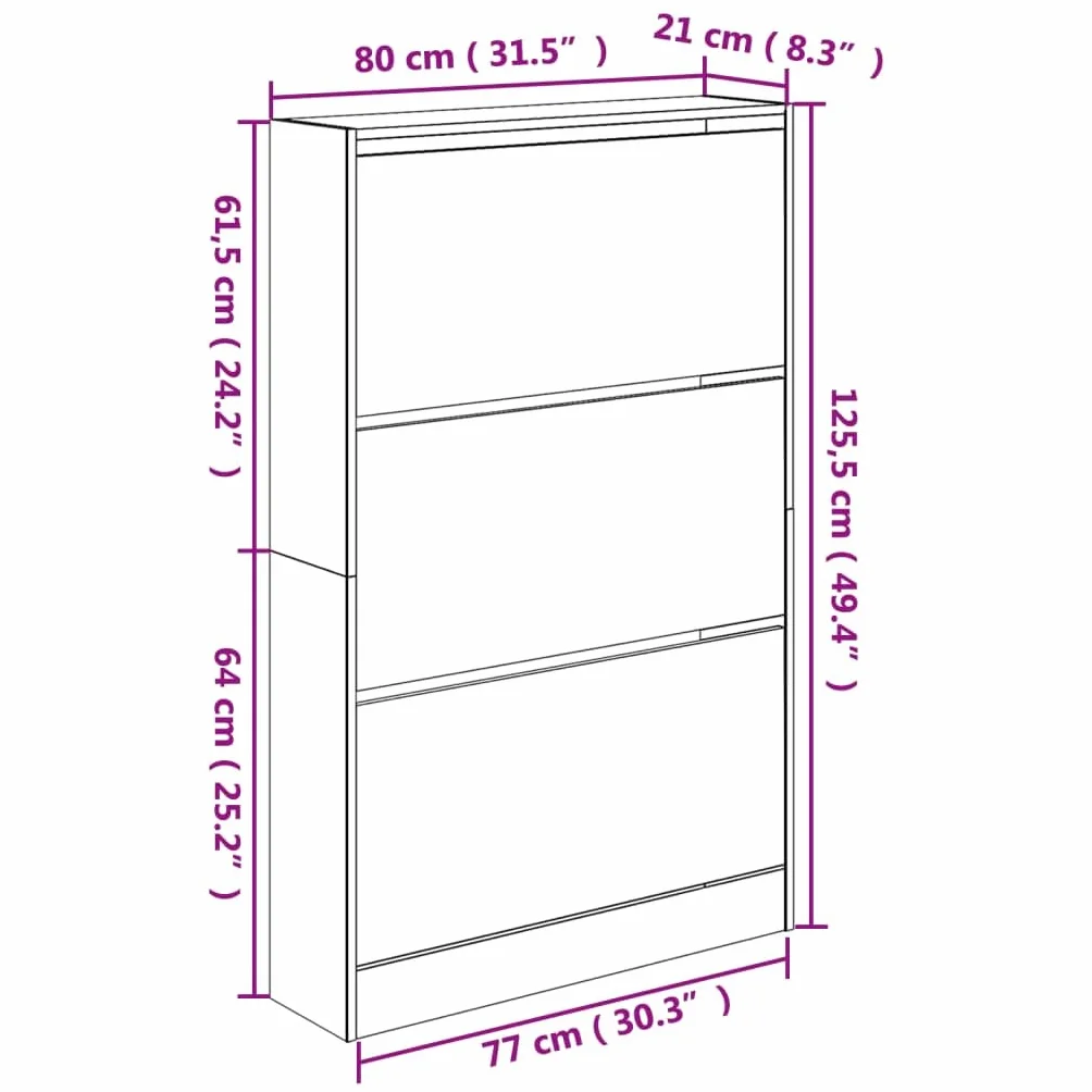 Szafka na buty dąb Sonoma z materiału drewnopochodnego 80 x 21 x 125,5 cm z 3 półkami, zajmuje mało miejsca, do korytarza, przedpokoju, wejścia, schowka, regał na buty, organizer