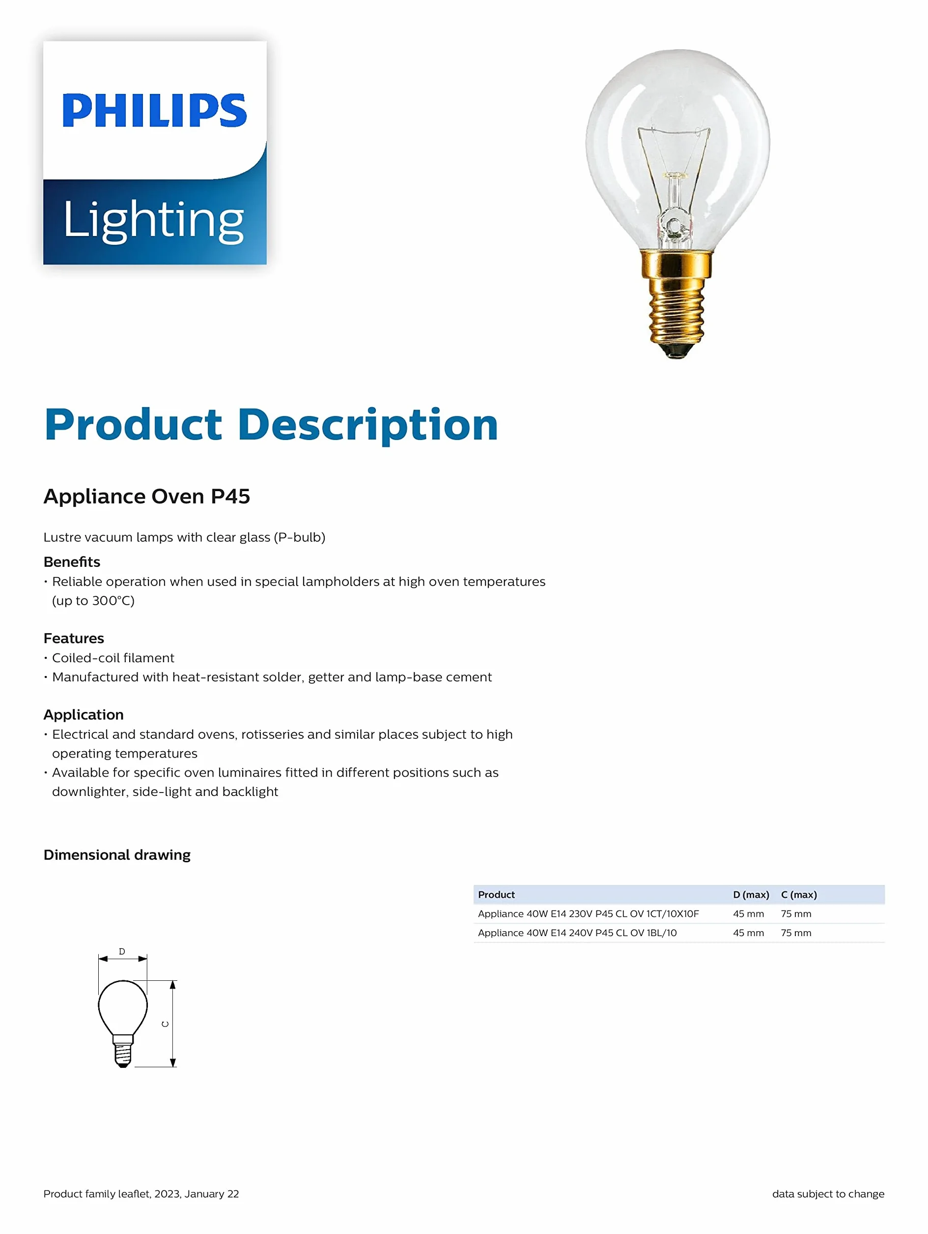 2 x lampa piekarnika P45X78 40 watów E14 przezroczysta - Philips