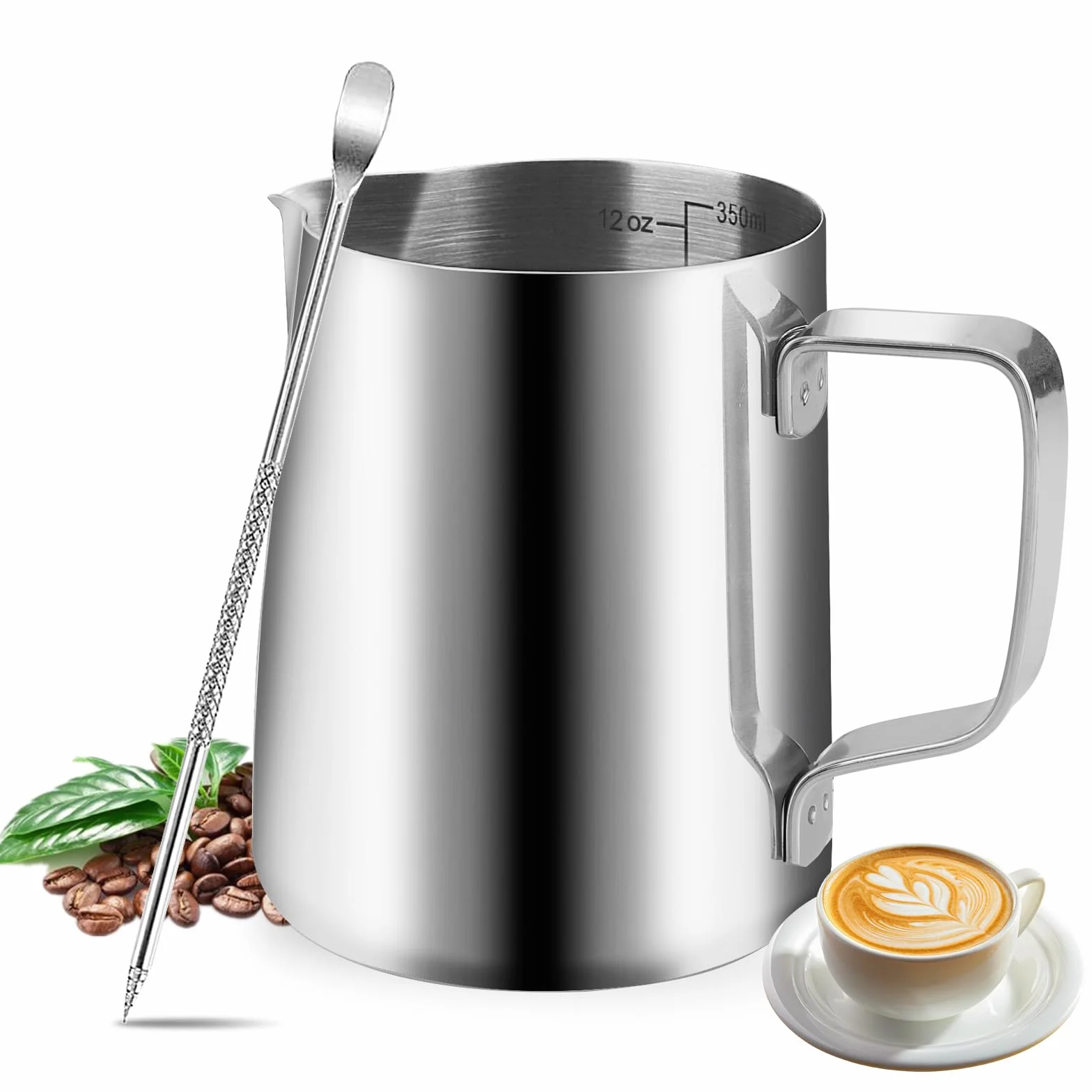 Dzbanek na mleko ze stali nierdzewnej 304, dzbanek do spieniania 350 ml, długopis Latte Art, kubek do spieniania mleka ze znacznikami pomiarowymi, nadaje się do cappuccino i espresso
