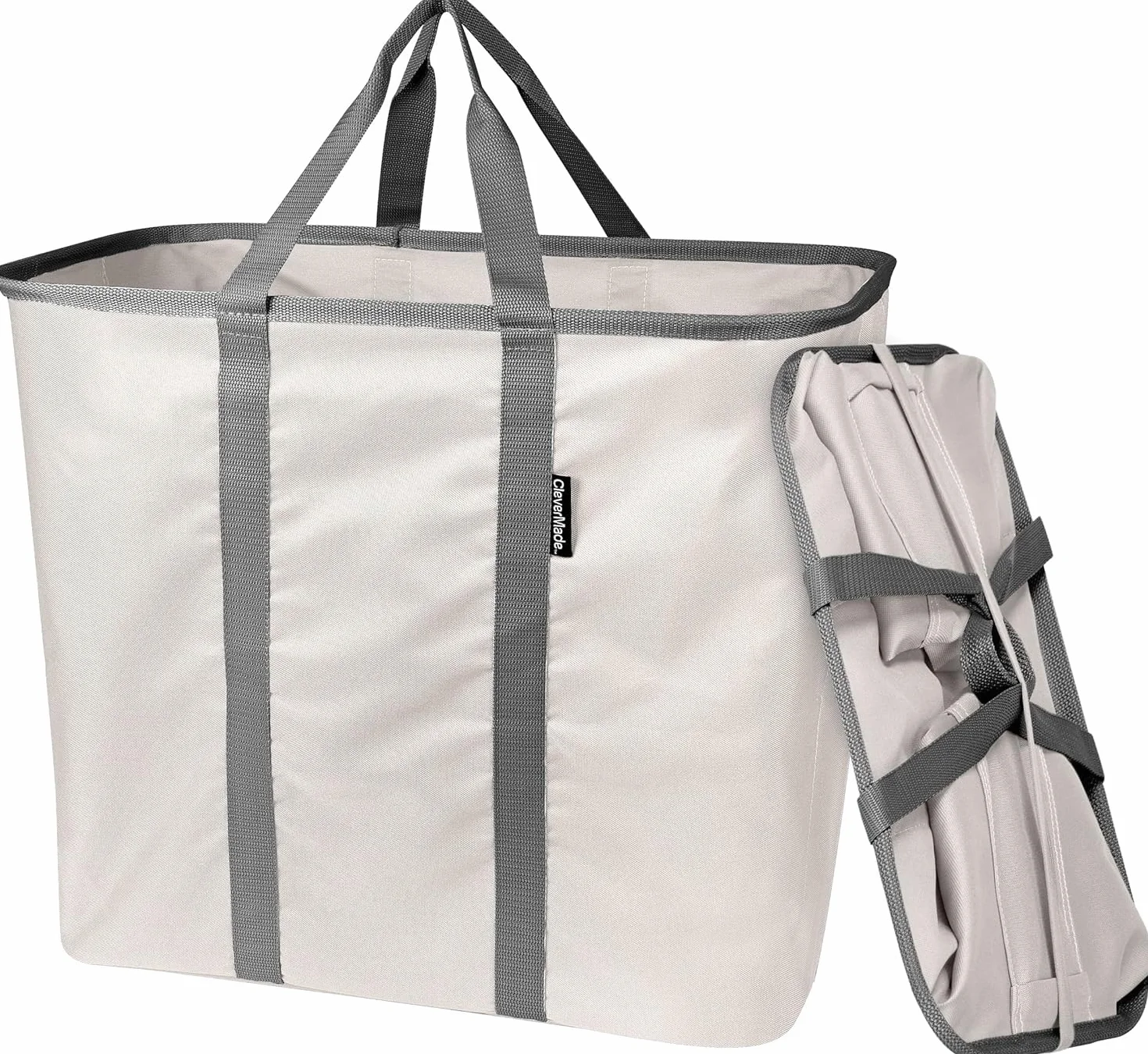 CleverMade składany kosz na ubrania, duży składany kosz na ubrania, torba na szelki, torba do noszenia na co dzień, XL Pop-Up Caddy z uchwytami, kremowy/grafitowy, 2 sztuki