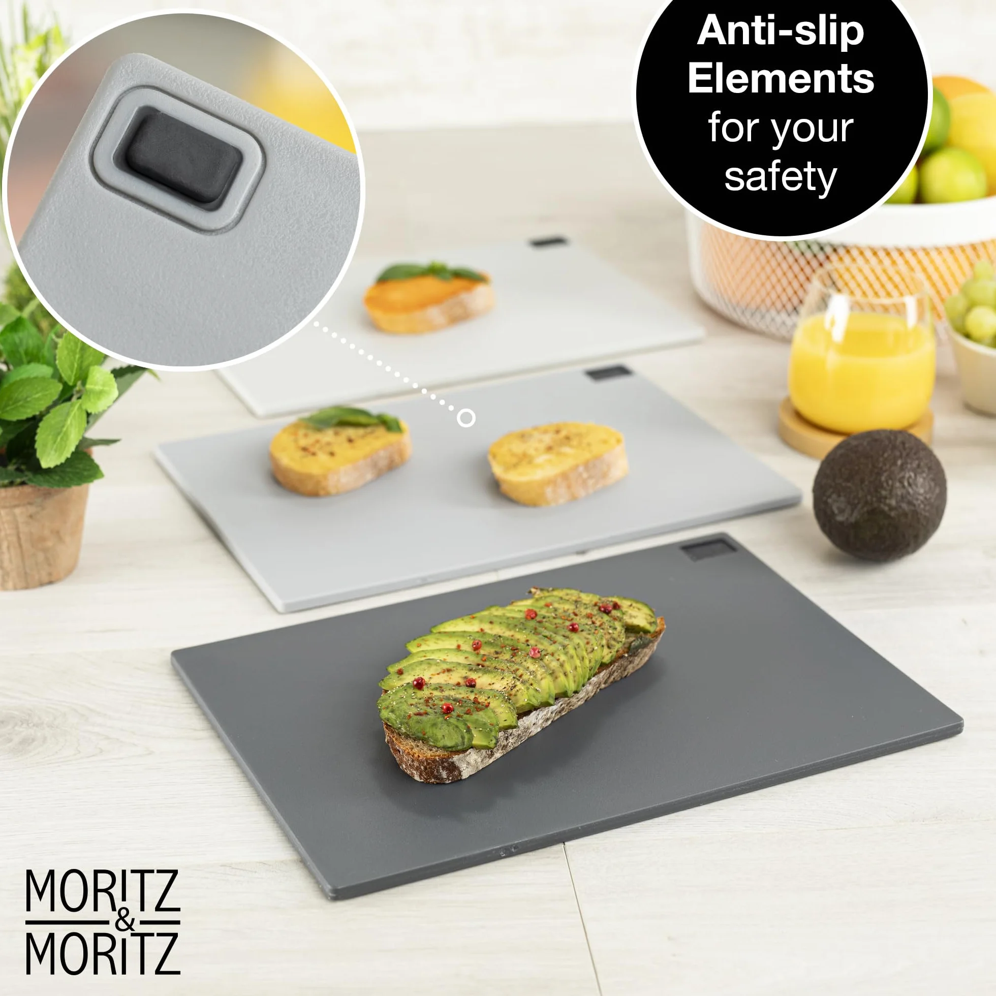 Moritz & Moritz 3x Deska do krojenia z plastiku - 32 x 22 cm - W praktycznym stojaku – Duża deska kuchenna – Nadaje się do zmywarki i higieniczna