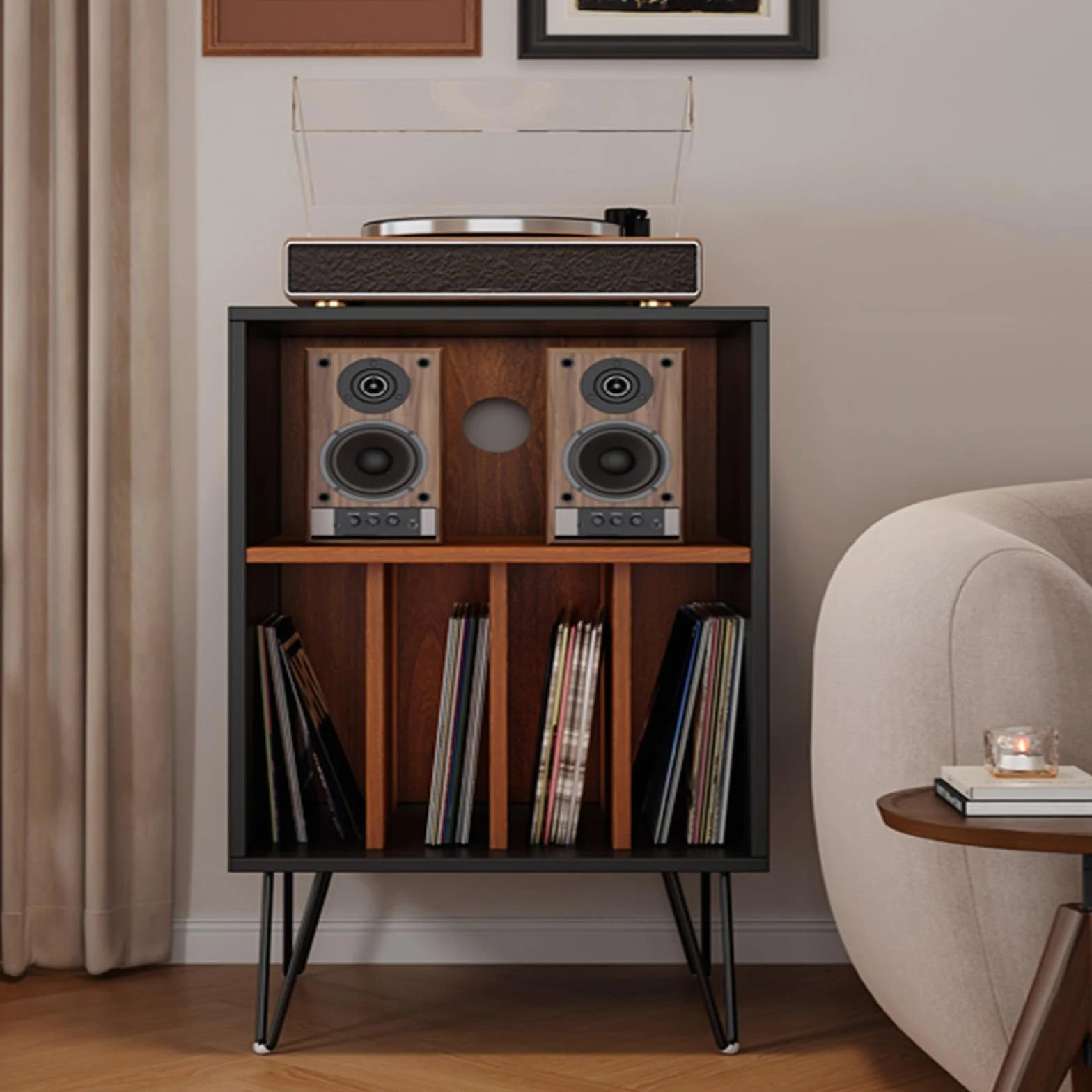 Stylowy stojak na gramofon z miejscem na płyty winylowe drewniane i metalowe nogi gramofon do domowego systemu audio meble centrum rozrywki