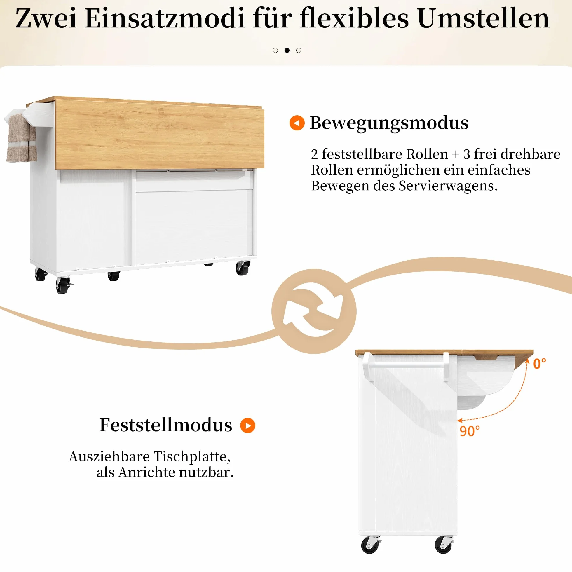 Wyspa kuchenna z kółkami 3 drzwi wysuwany wózek kuchenny drewno wieszak na ręczniki regał na przyprawy regulowane półki biały 130