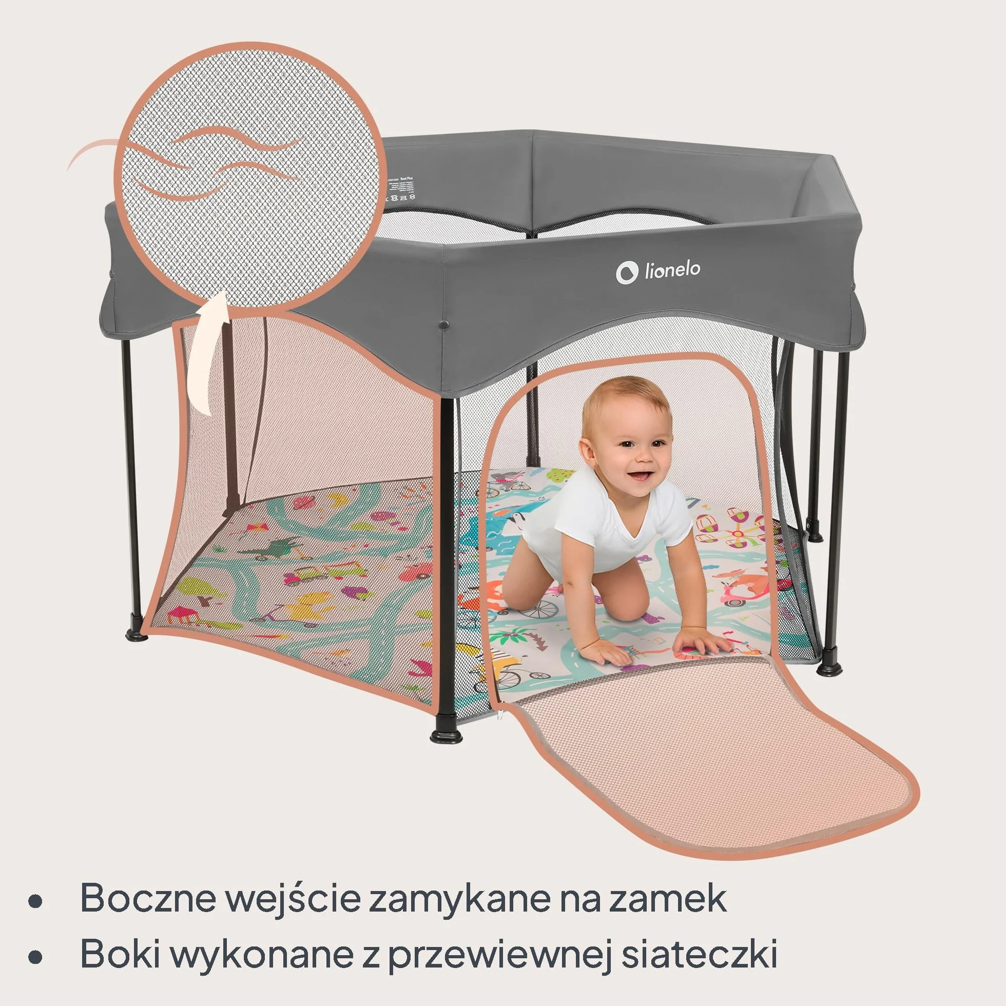 Lionelo Roel Plus Duży Kojec Dziecięcy z Siatką, Składany i Przenośny, Wejście Boczne na Zamek, Blokada LockGuard, Zaokrąglone Krawędzie, Miękkie Dno, Torba, Średnica 134 cm, 6–36 mies., do 15 kg