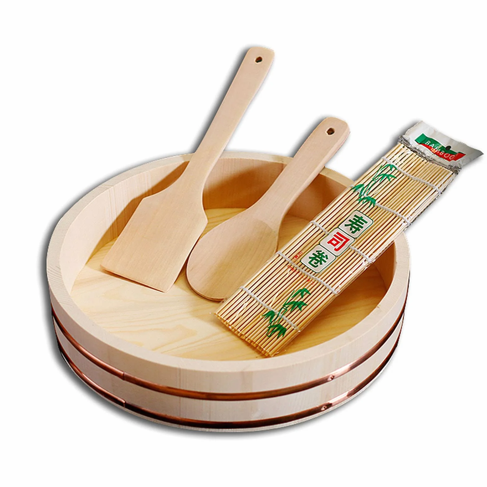 Japońska drewniana Hangiri Sushi Oke miska do mieszania ryżu, zestaw do robienia sushi z 2 łopatkami ryżowymi i 1 bambusowymi matami do sushi do użytku domowego, 52 cm / 20,4 cala