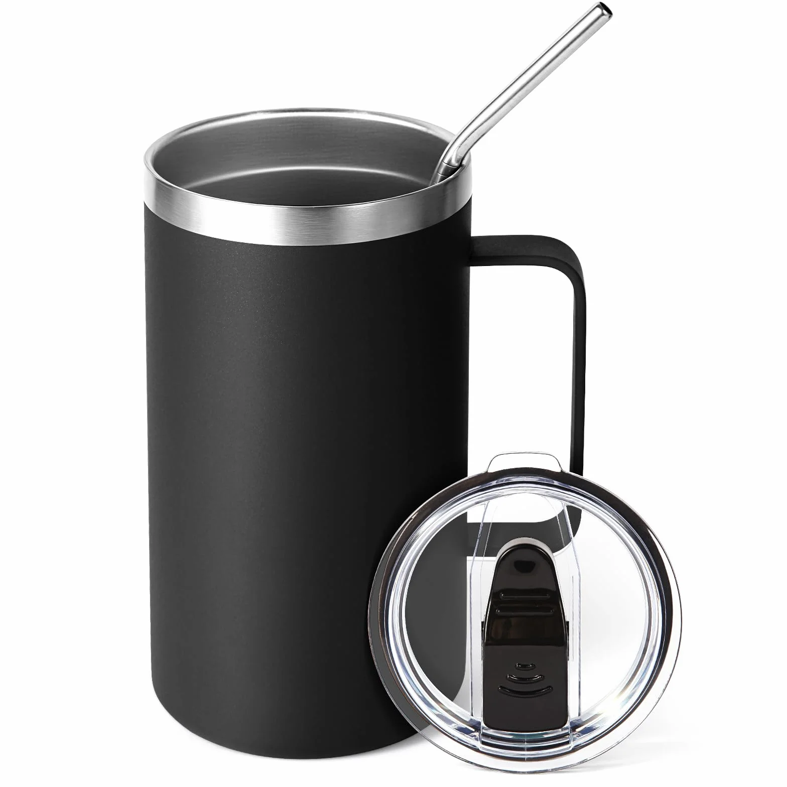 Volhoply 700 ml izolowany kubek do kawy z pokrywką i słomką, kubki podróżne ze stali nierdzewnej z uchwytem, szczelny kubek do kawy z podwójną ścianką do gorących i zimnych napojów (czarny, 1