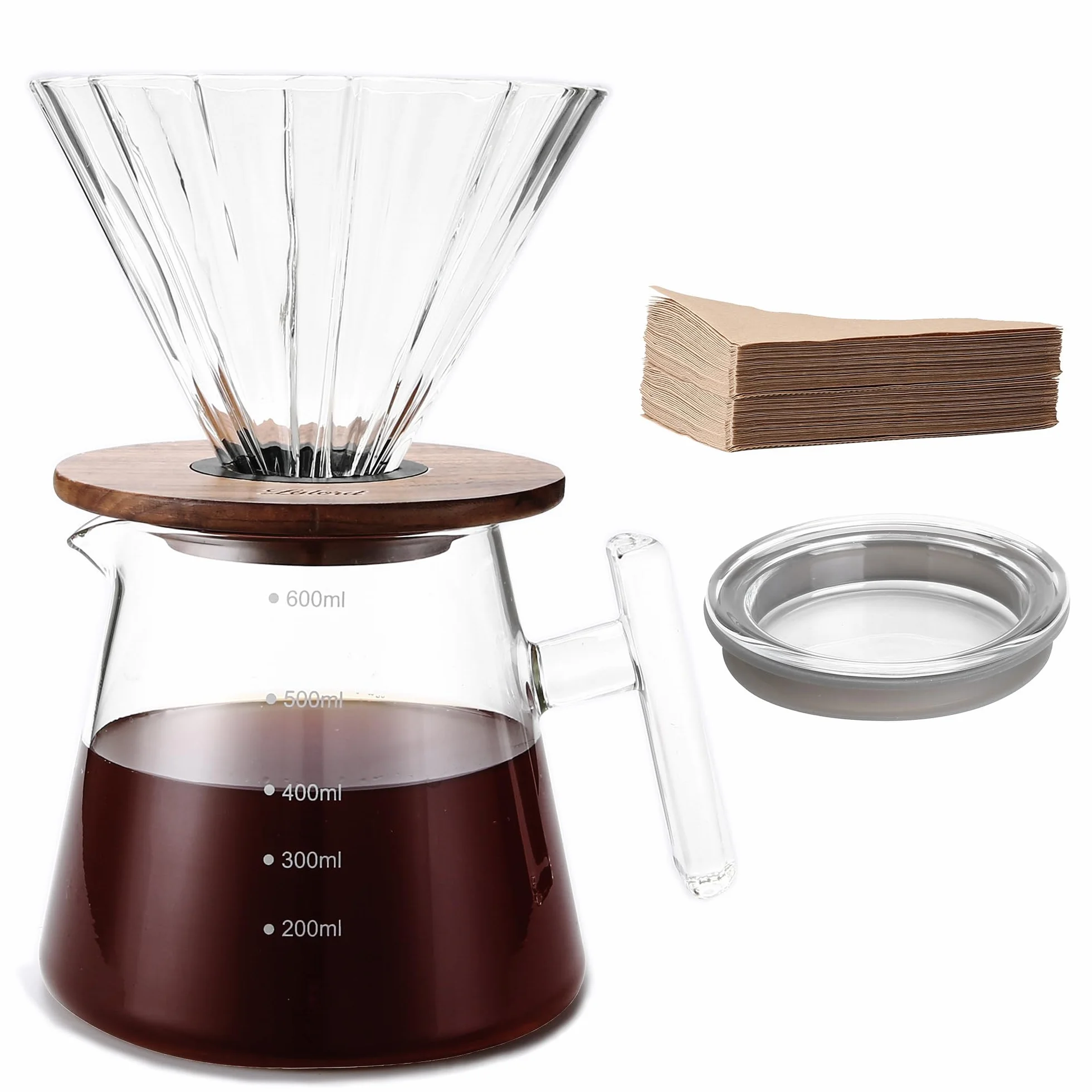 Lalord Ekspres do kawy, zestaw ze szkła borokrzemowego o pojemności 590 ml, ze 100 szt. papierowych filtrów, kołnierz z orzecha włoskiego i szklana pokrywka, zaparzacz do kawy, 1-3 kubki