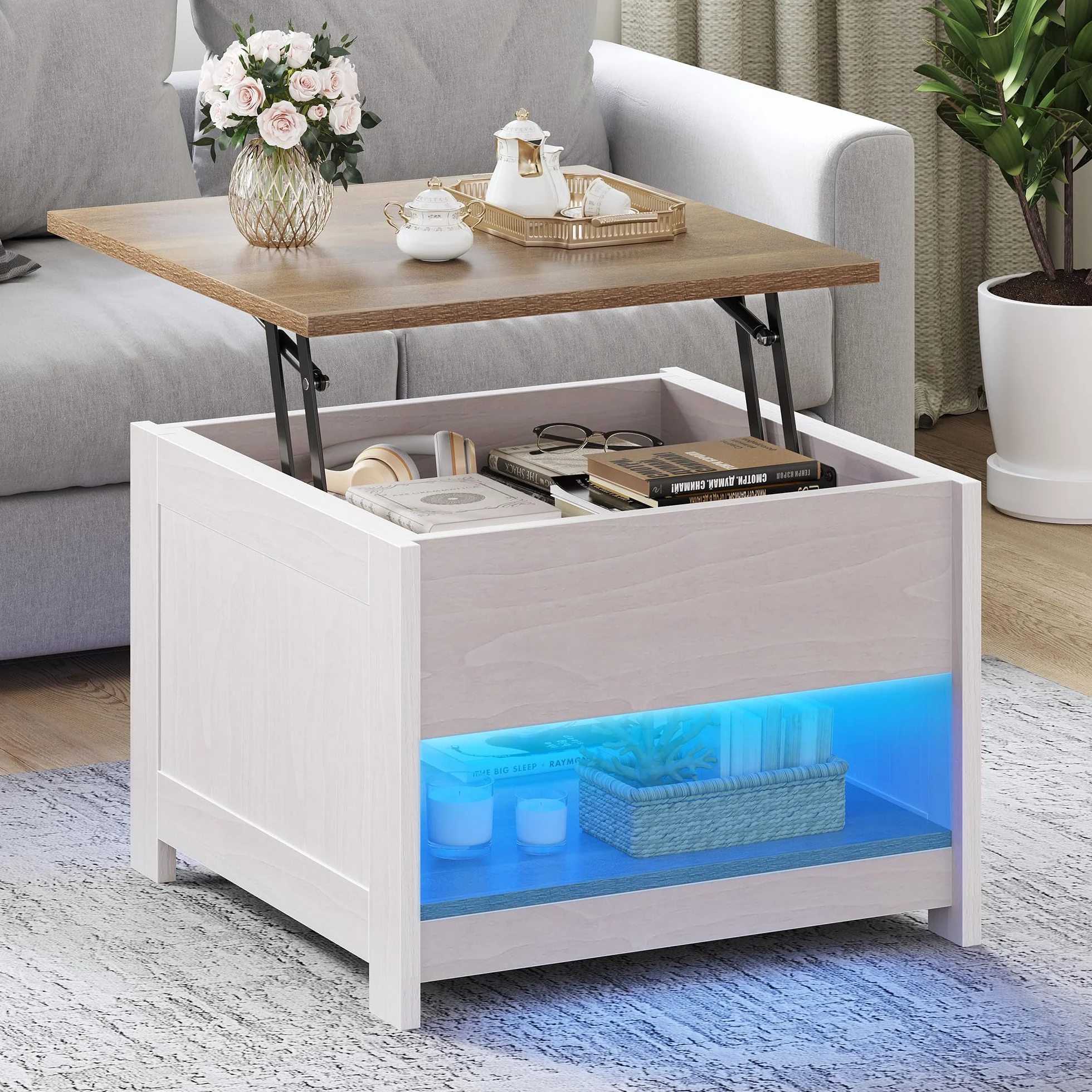 YITAHOME Stolik kawowy Lift Top, kwadratowy, drewniany, nowoczesny, rustykalny stolik kawowy z miejscem do przechowywania, do salonu, wiejskiego szary, 60 x 60 x 45 cm