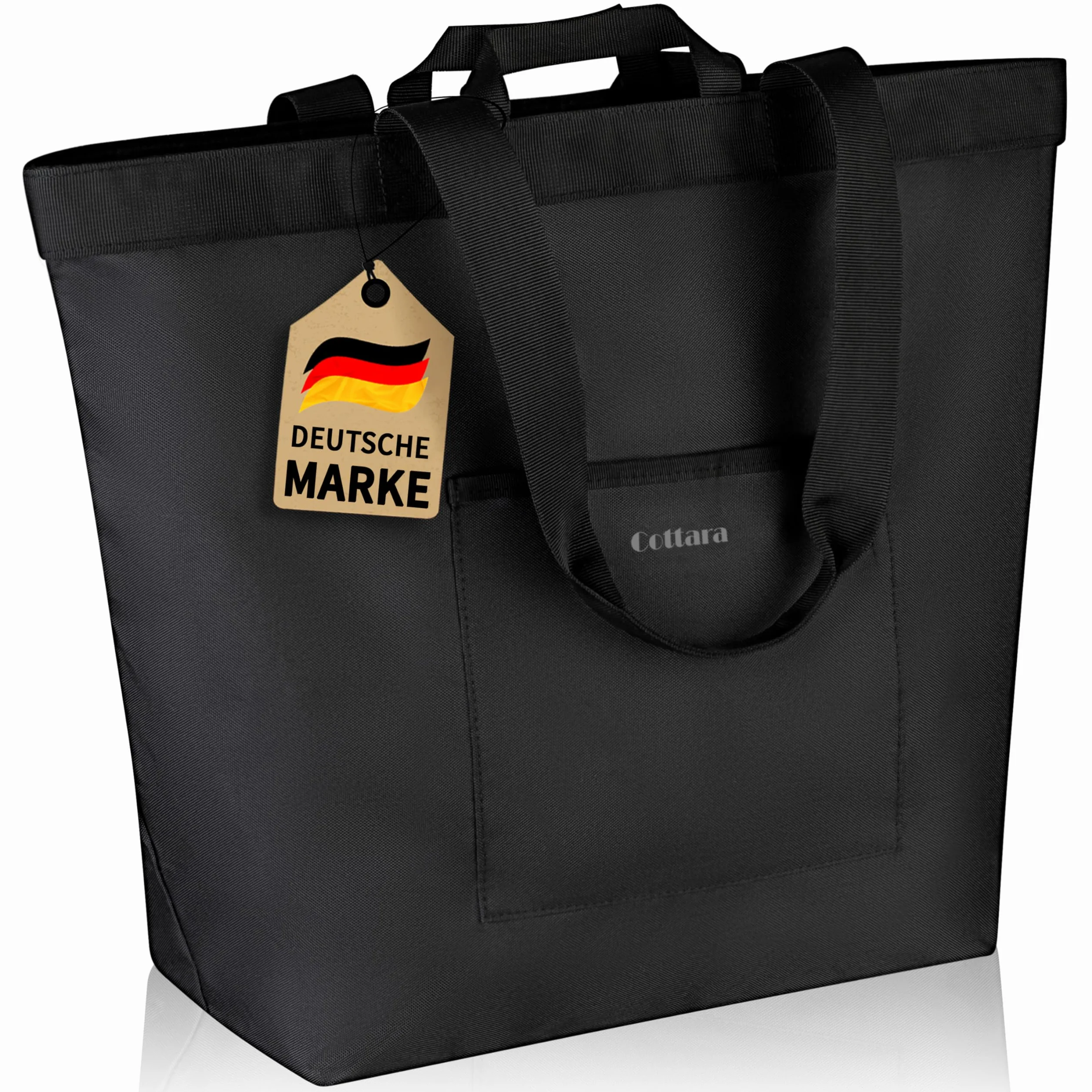 COTTARA® Torba na zakupy, składana, duża, z zamkiem błyskawicznym, wzmocnionym dnem i wodoodpornym materiałem, idealna jako torba rekreacyjna, torba na zakupy lub torba kąpielowa, czarna, 40 l