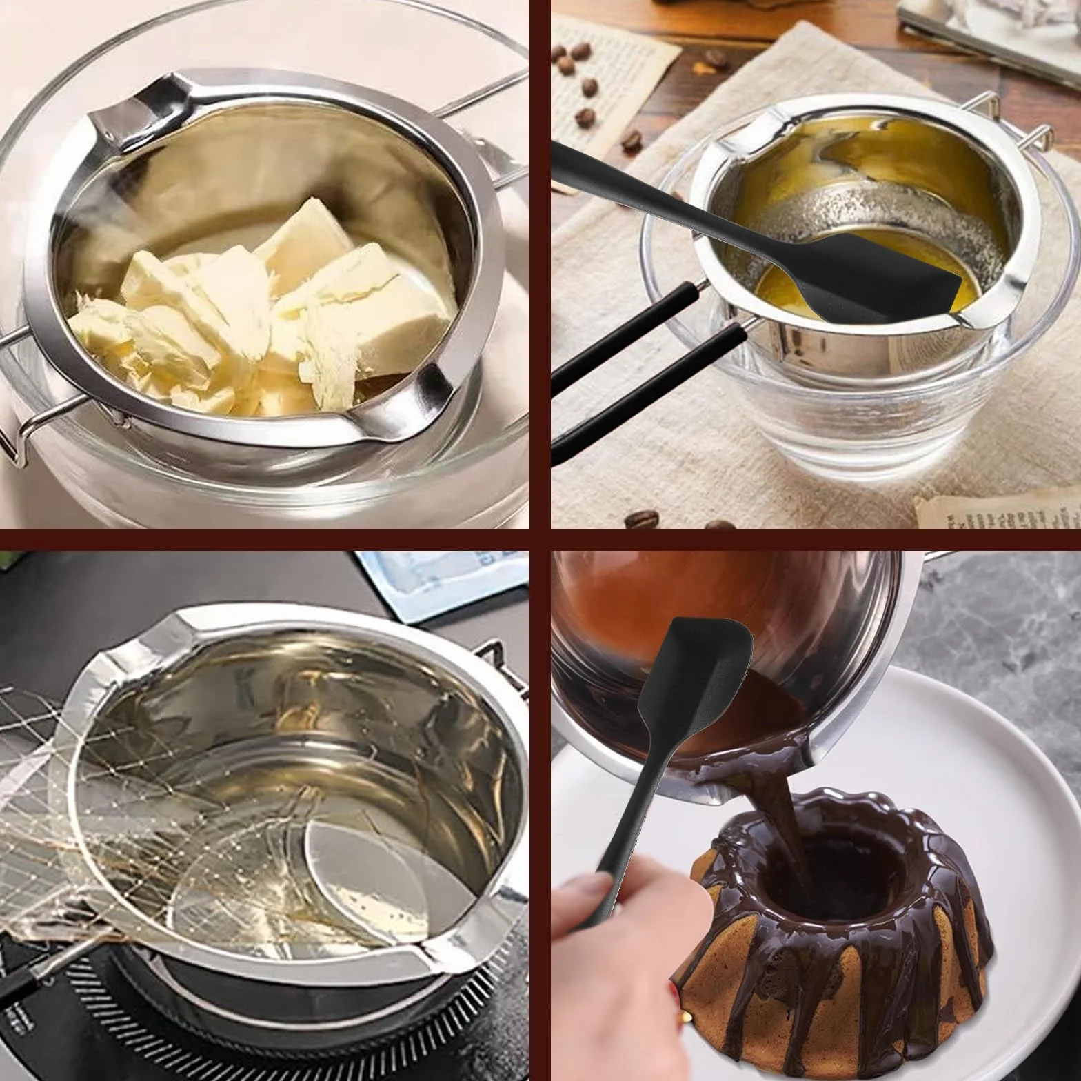 Miseczka do kąpieli wodnej 400 ml, tygiel ze stali nierdzewnej 304, z czarną szpachelką - do topienia czekolady, masła, wosku, cukru i sera