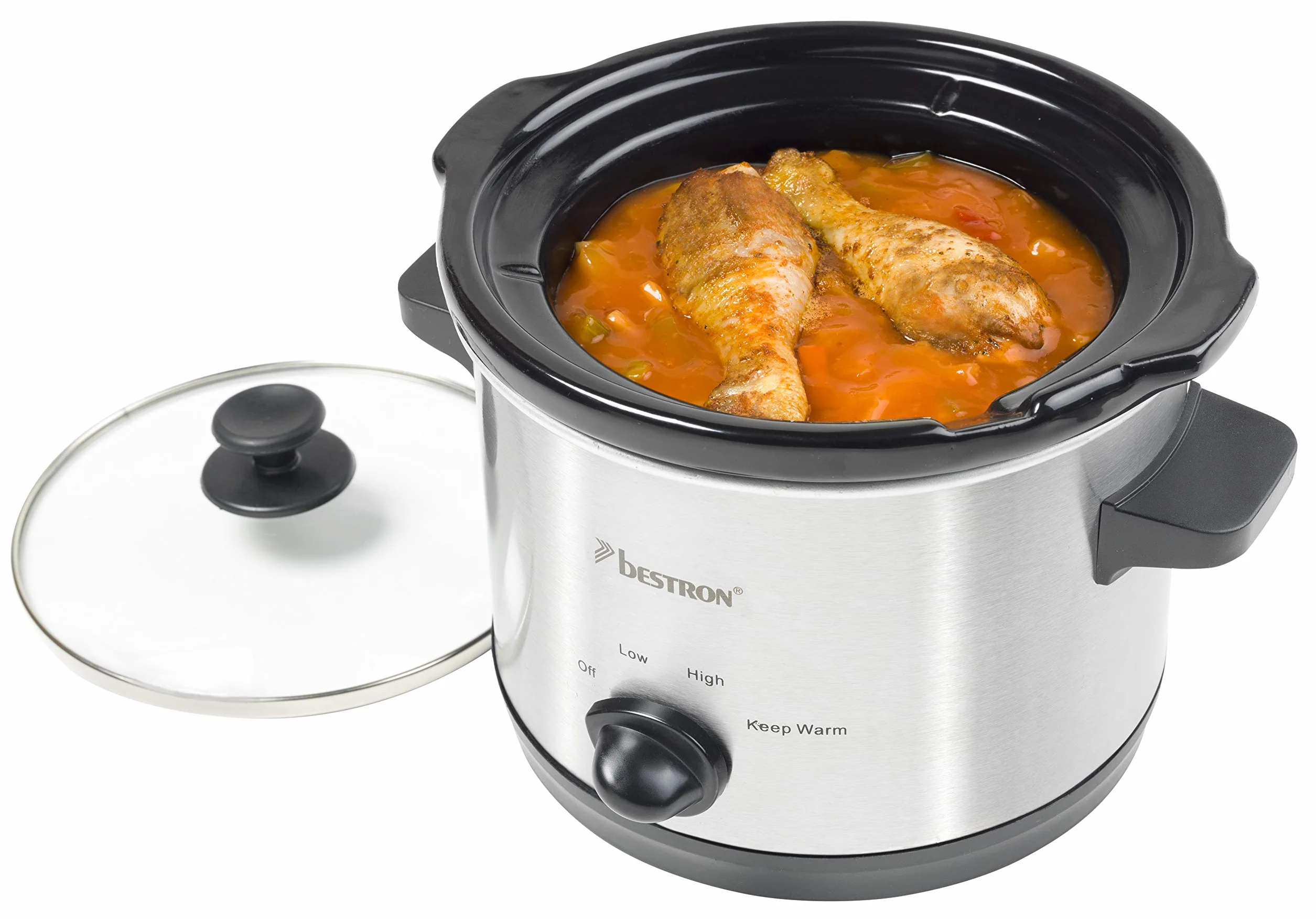 Bestron Slowcooker 1,5 L dla 2 osób, wolnowar z ceramiczną patelnią i szklaną pokrywką, 3-stopniowy termostat, srebrny