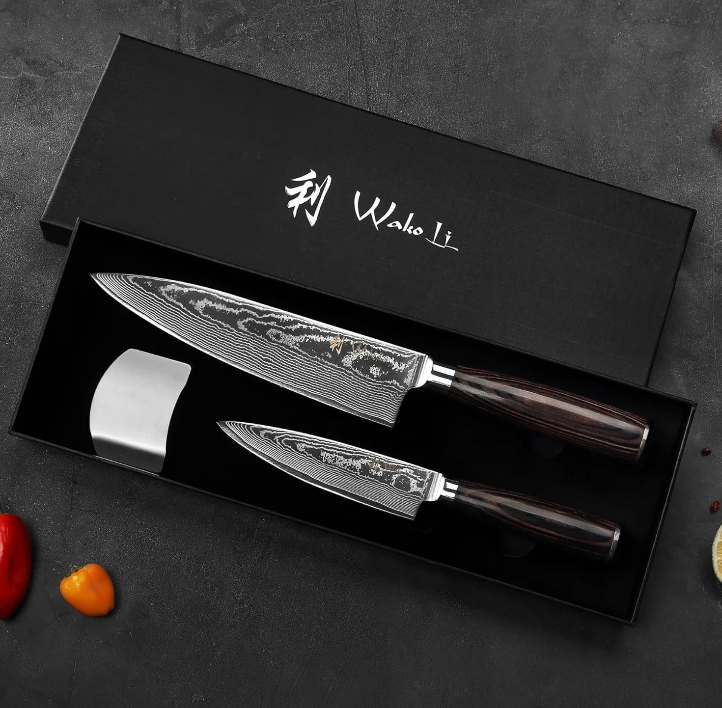 Wakoli EDIB Essentials Santoku 2-częściowy zestaw noży kuchennych 30 i 24 cm ze stali damasceńskiej z 67 warstw stali damasceńskiej z uchwytem z drewna Pakka, nóż do warzyw w zestawie pudełko na