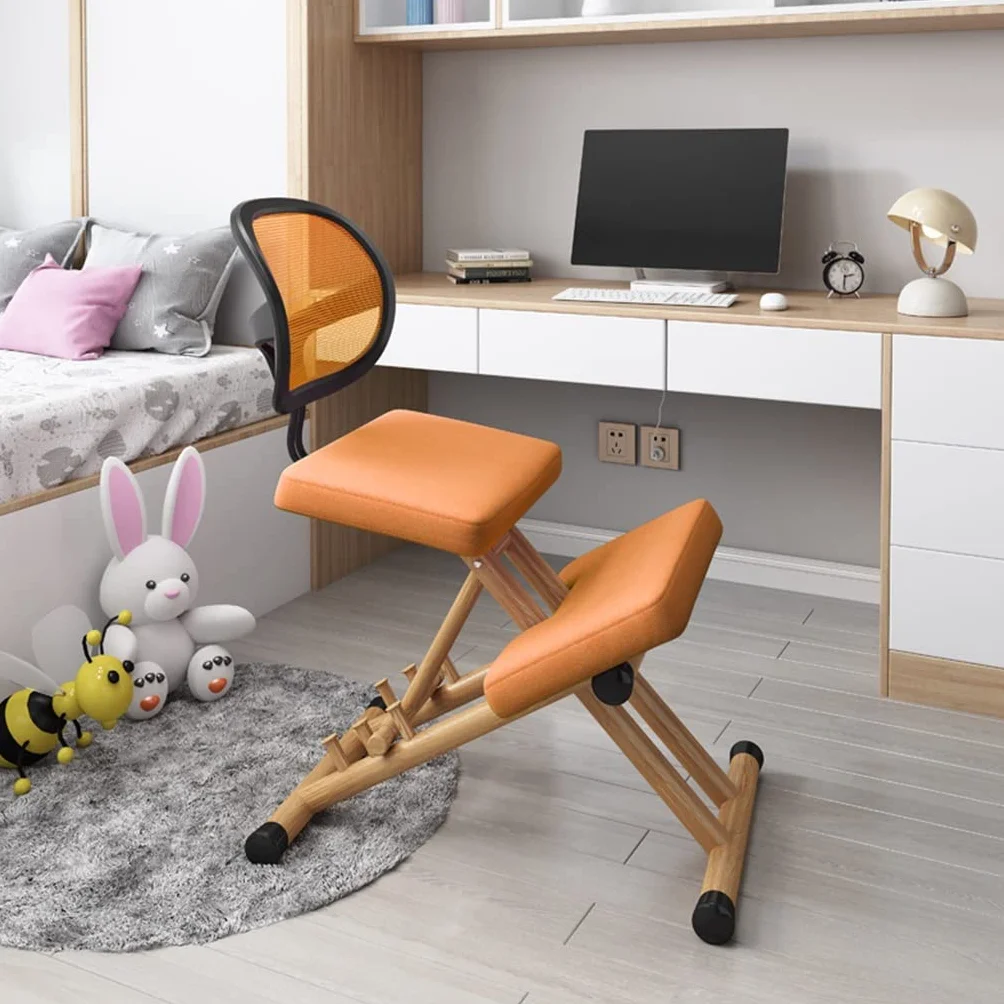 Ergonomiczne krzesło klęczące, regulowane nachylenie i siedzisko balansowe, drewniana konstrukcja pionowa, regulacja wysokości i kąta, poprawia postawę i komfort