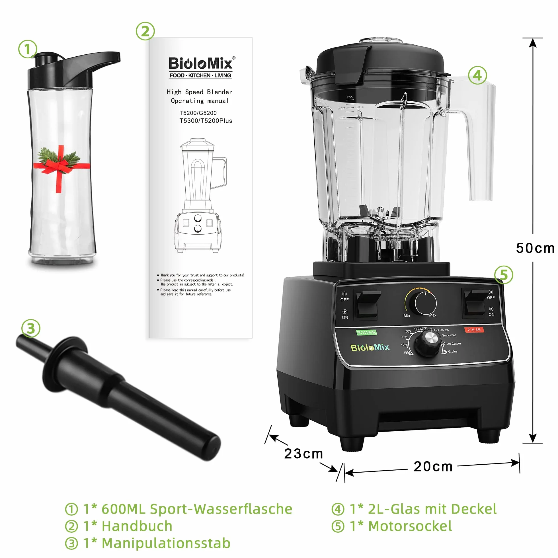 BioloMix Mikser o wysokiej wydajności 2200 W, funkcja samoczyszczenia | mikser stojący pojemnik 2 l i kubek podróżny o pojemności 600 ml, nie zawiera BPA