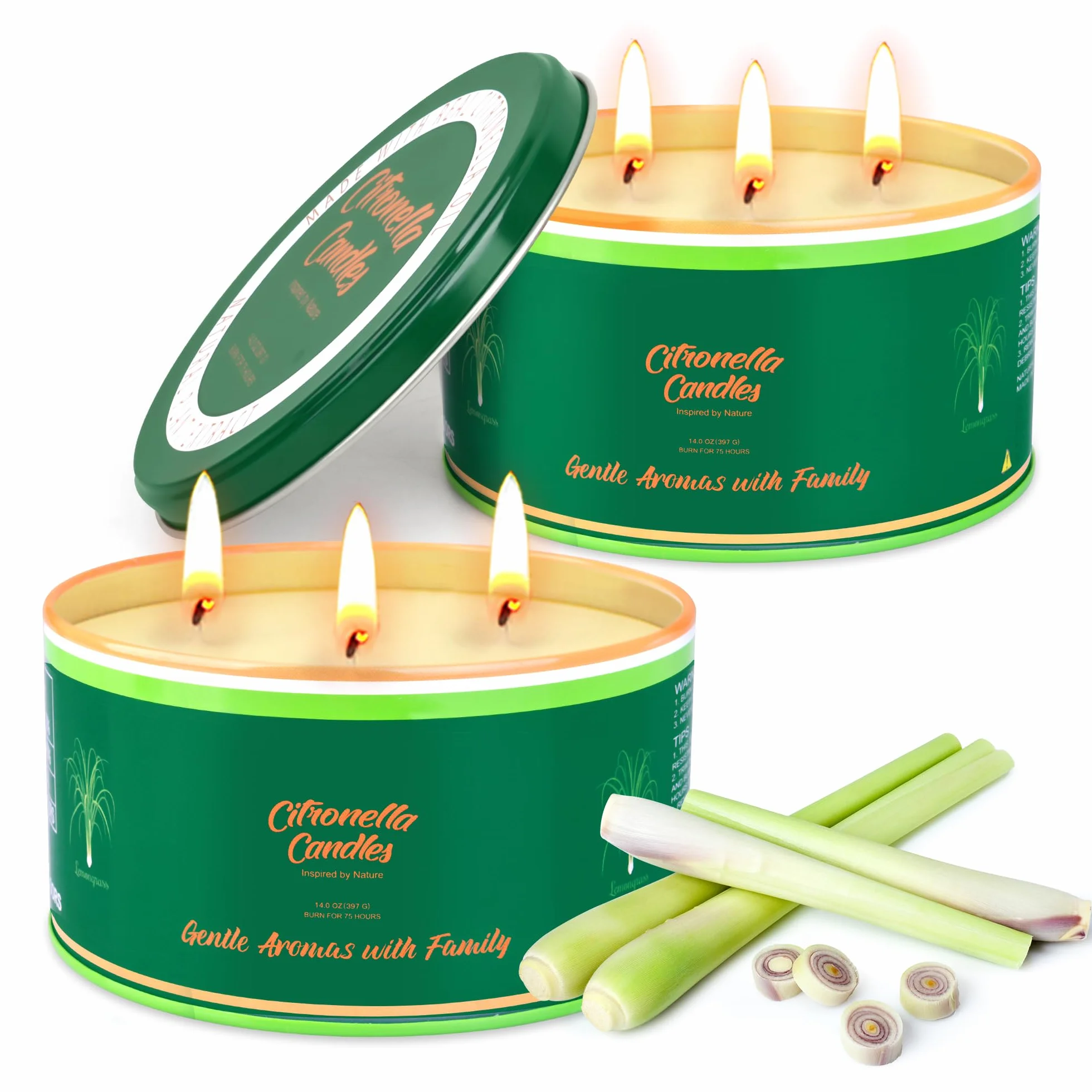Citronella świeca outdoorowa, ZESTAW 2 SZTUK, każda 400 ml świeca ogrodowa, 3 knoty, czas palenia 75 godzin/sztuka (łącznie 150 godzin), naturalne świece z wosku sojowego na kemping, taras, do ogrodu