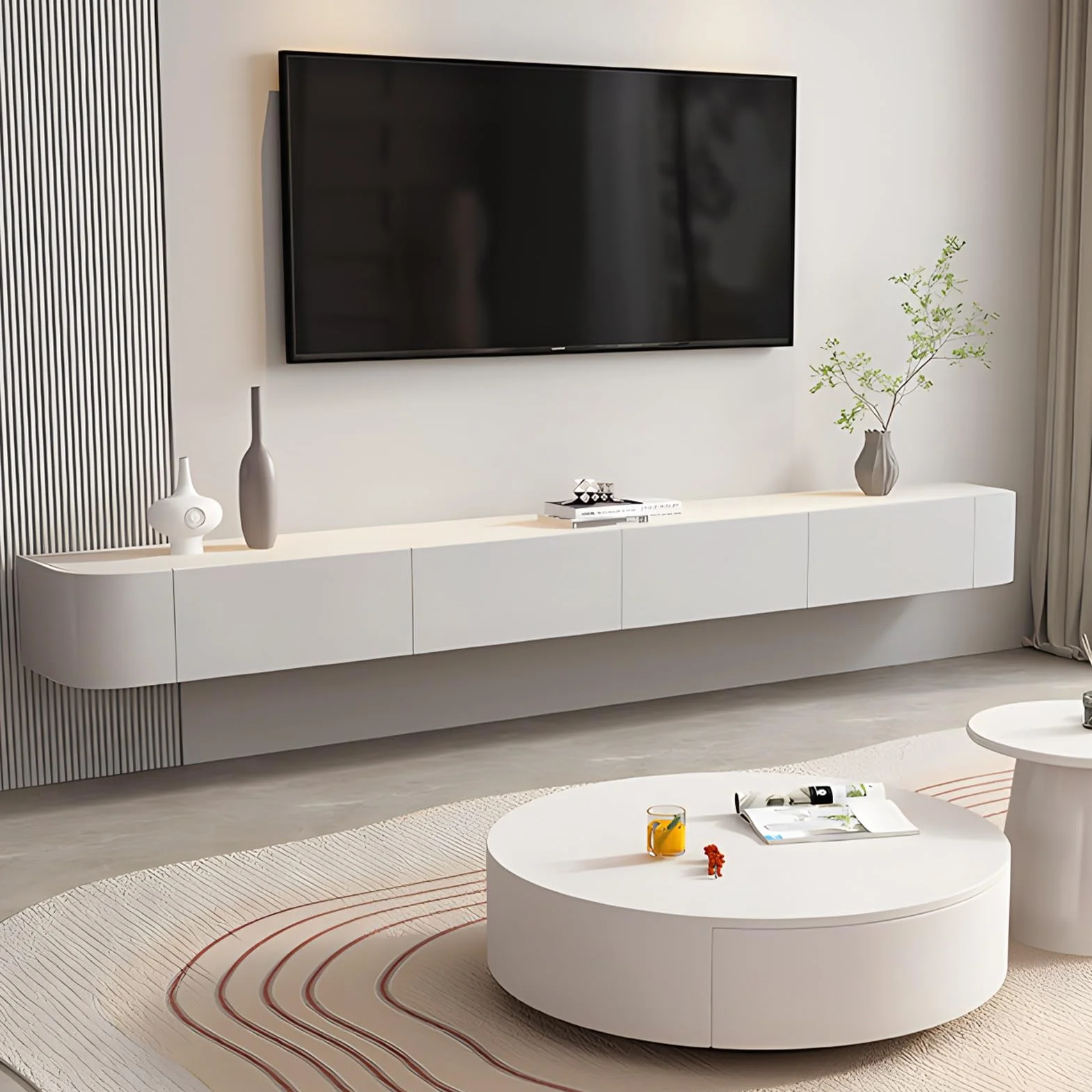 Floating TV Unit, Wall Mounted TV Cabinet, Floating Shelves With 4 Cabinets, Wooden Entertainment Media Console Center Large Storage TV Bench For Living Room & Office(White,200cm)