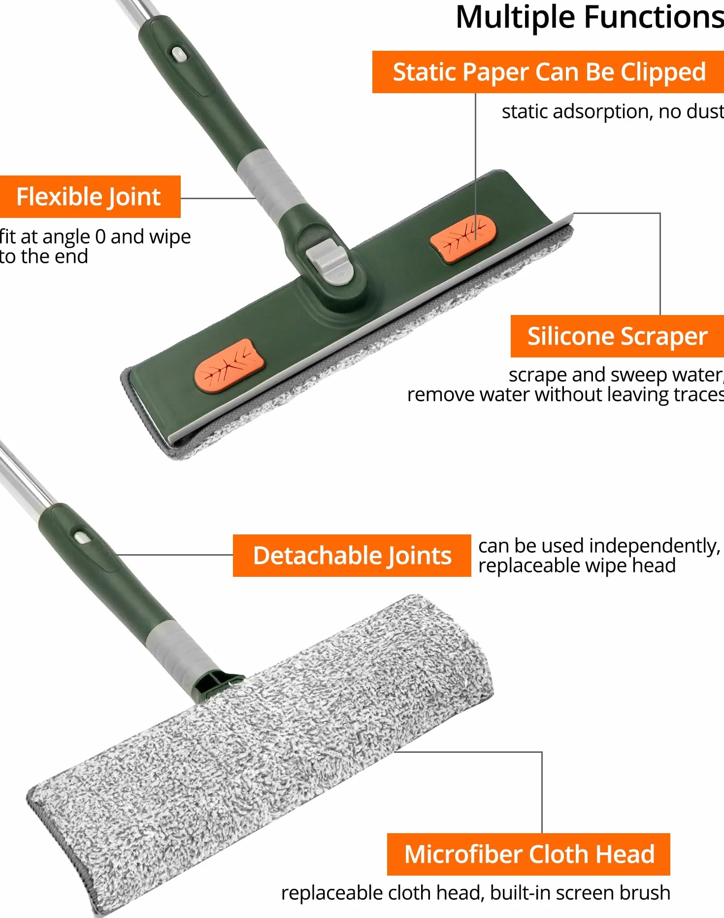 QWORK® Ściągaczka do okien, ściągaczka do podłóg prysznic, od 29 do 200 cm Wysuwana rączka 2w1, głowica obrotowa 180°, do mycia okien, podłóg, samochodów